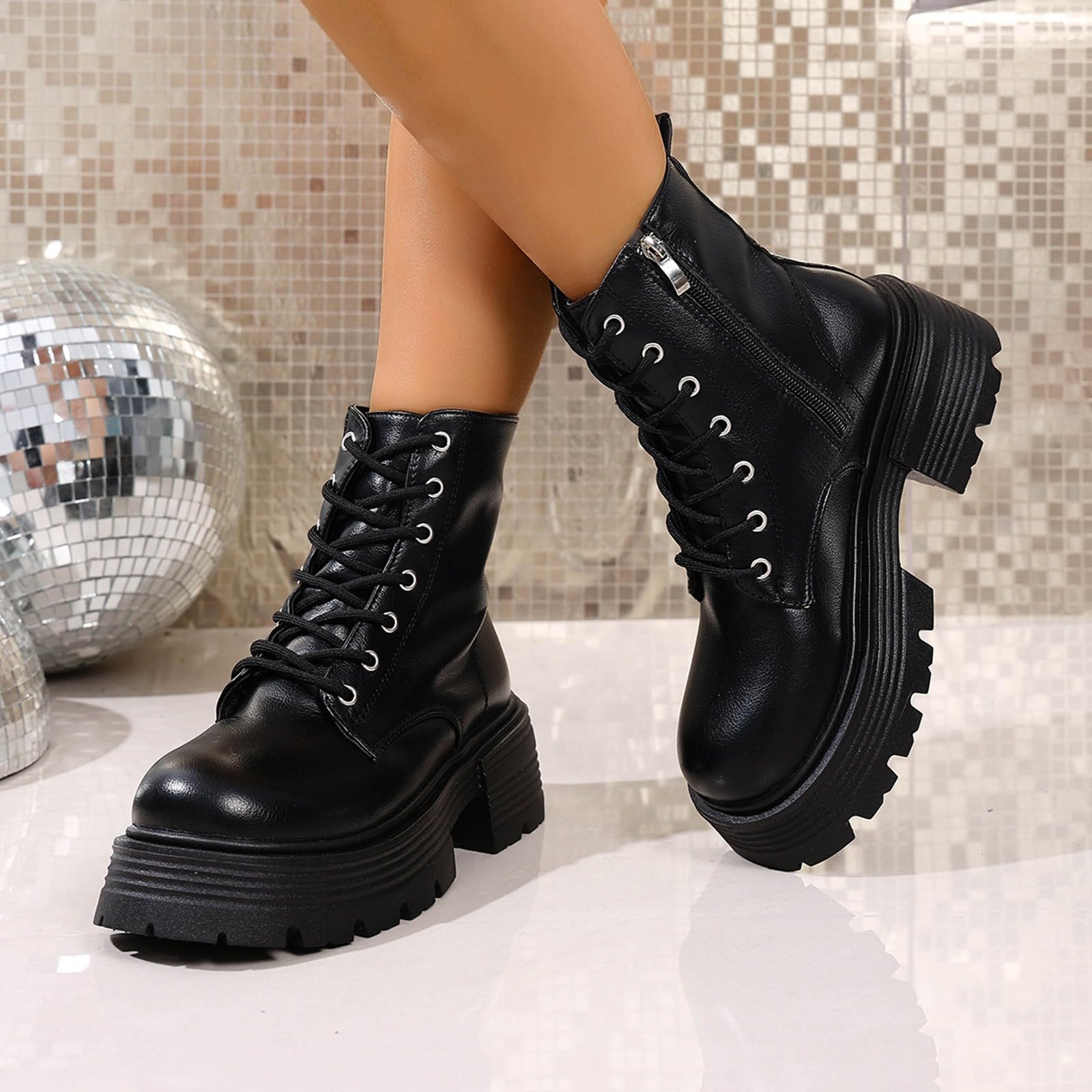 Genérico Botines Mujer Vestir Cordones Plataforma Botas Puntera Redonda Elegantes Zapatos Comodas Ligeros Caminar Bota Informales Antideslizantes Botin para Otoño Invierno Trabajo Paseo y Uso Diario