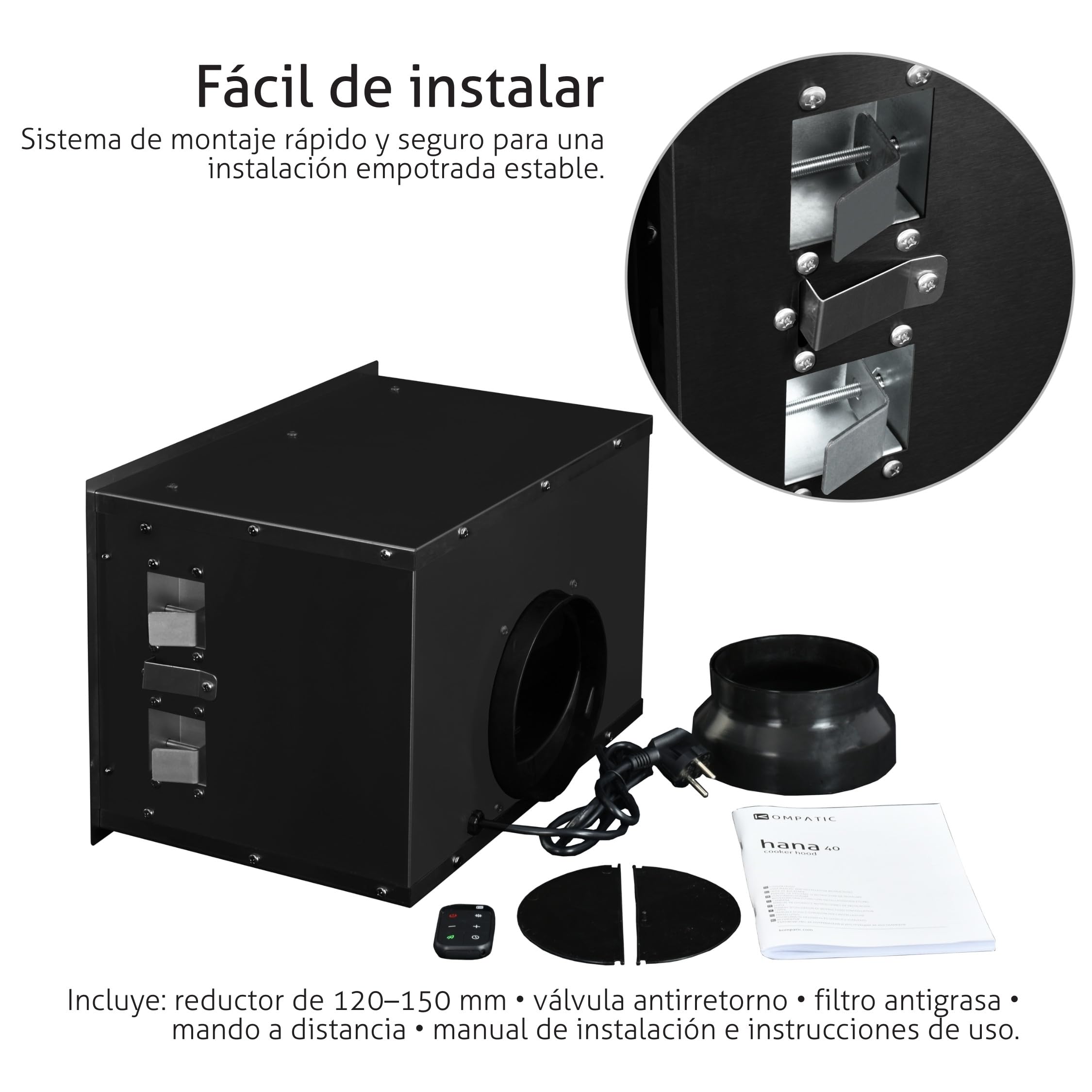 HANA 40 KPHN40BIB Campana Extractora Encastrable, A++ Control por gestos, 450 m³/h Táctil, Mando a distancia, Modo de purificación de aire, LED regulable Ajuste Temperatura Color 40 cm Negro