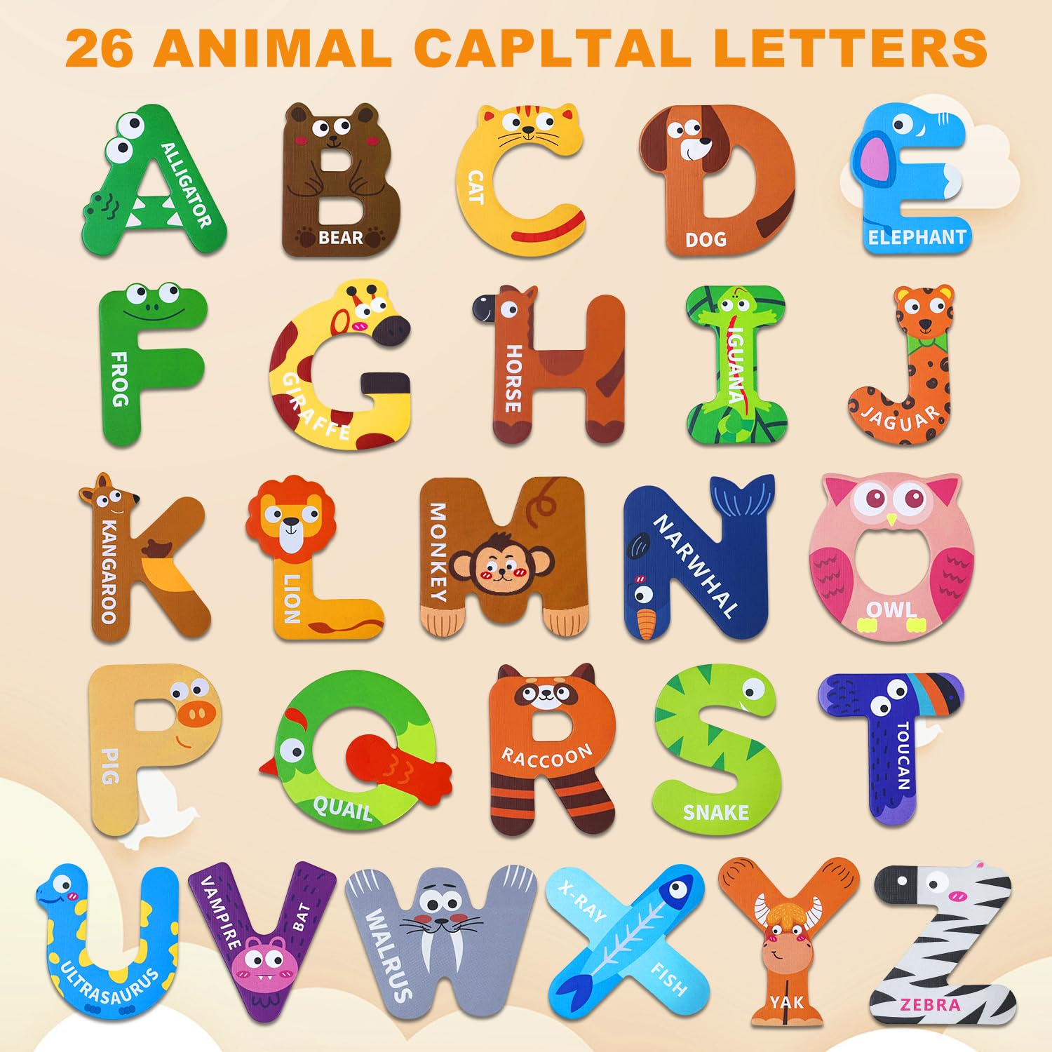 Wooden Magnetic Alphabet Letters for Toddlers, 26 Cute Animal-Themed Fridge Magnets for Early Learning, Spelling Practice, Letter Recognition Toys for Kids, Perfect Preschool Gift for Home & Classroom