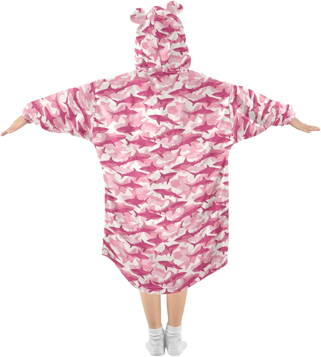 Pink Shark Pattern Wearable Blankets for Kids, Soft Warm Cozy Blanket Hoodie for Boys Girls with Pocket