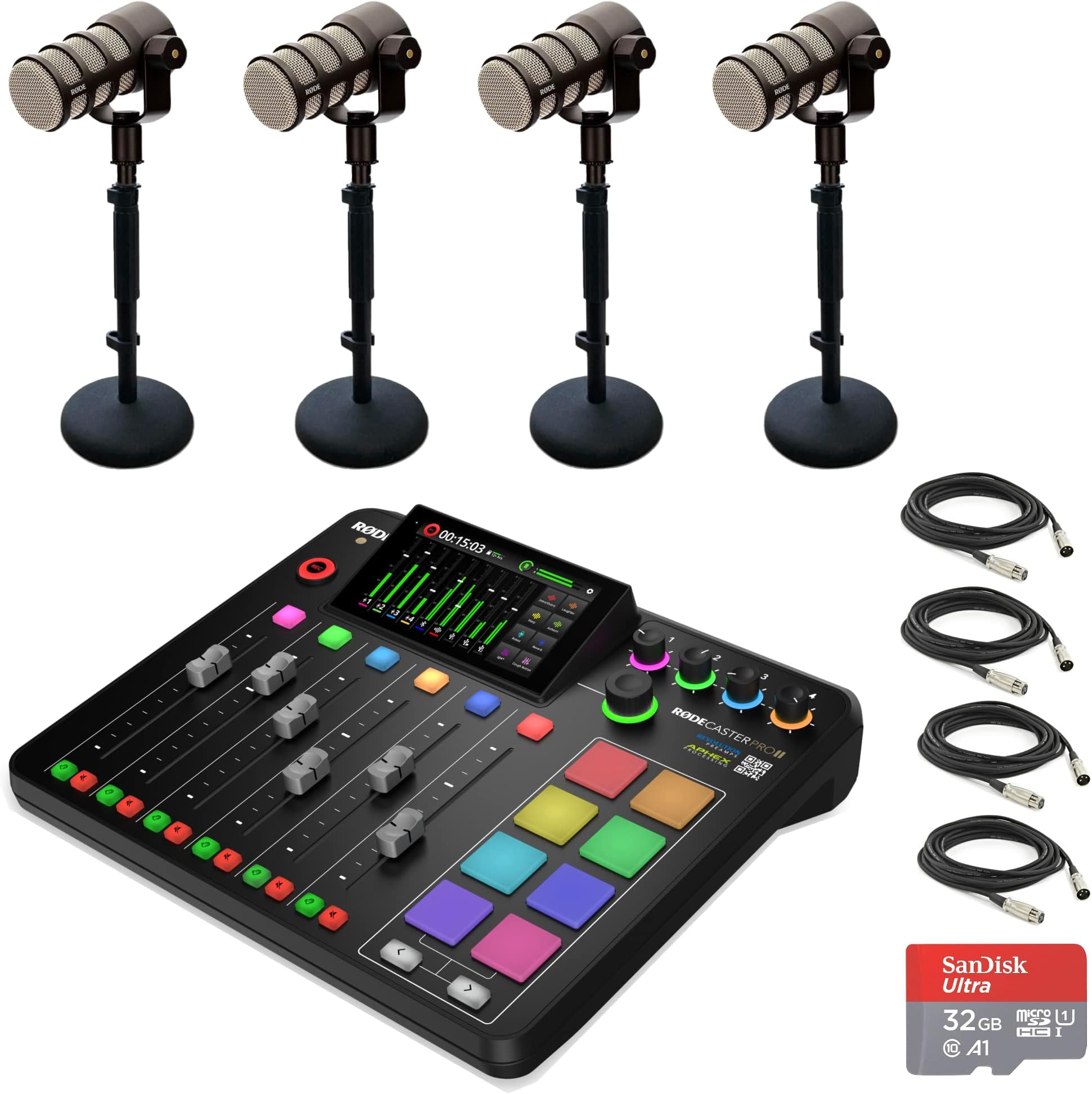 Rode RODECaster Pro II Integrated Audio Production Console with 4x Rode PodMic Dynamic Podcasting Microphones, DS1 Desktop Mic Stands, 32GB microSD Card, XLR Cables and StreamEye Cloth
