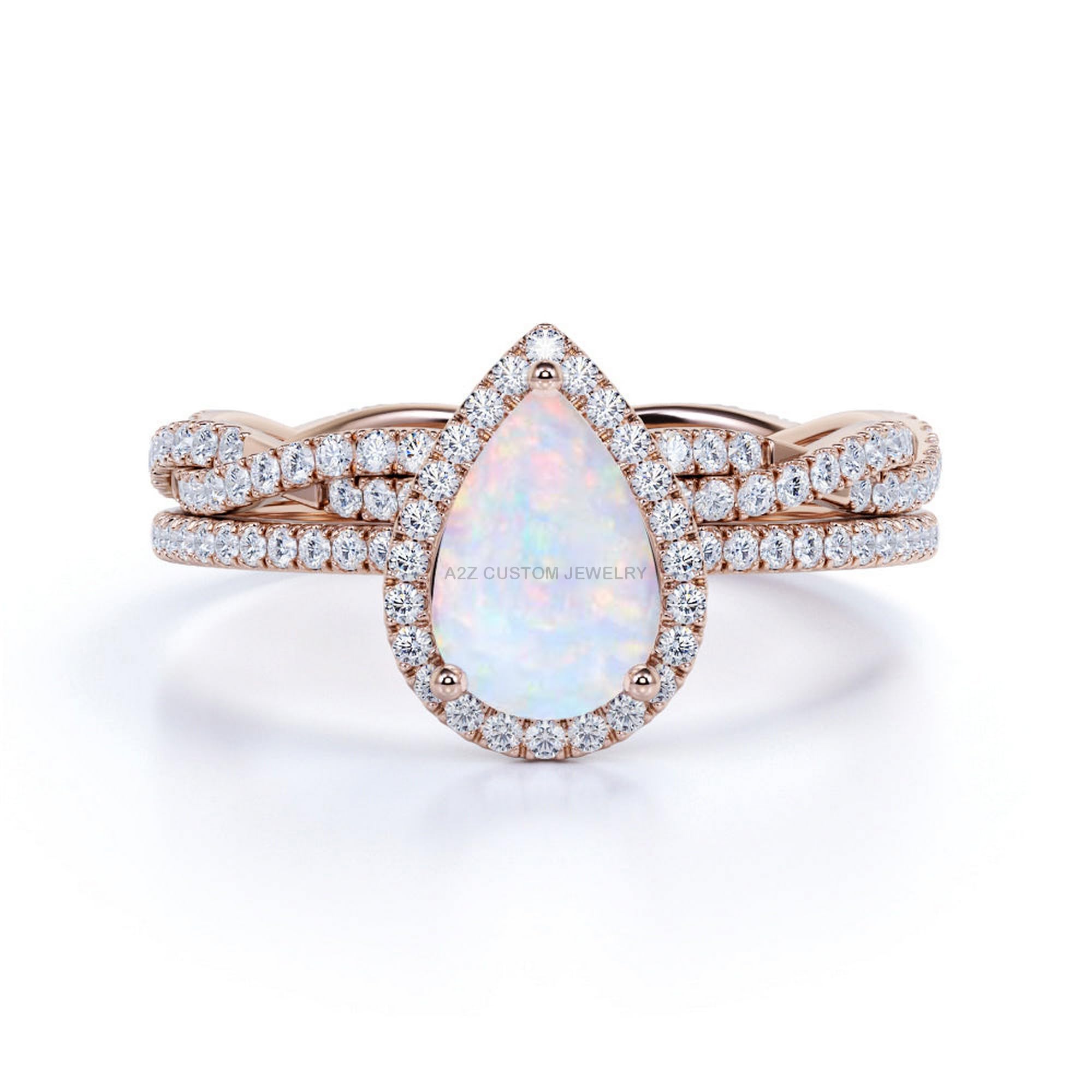 A2Z CUSTOM JEWELRYCustom Fire Opal Tear Drop and Moissanite rose gold color Wedding Ring Set with Matching Eternity Wedding Ring Set
