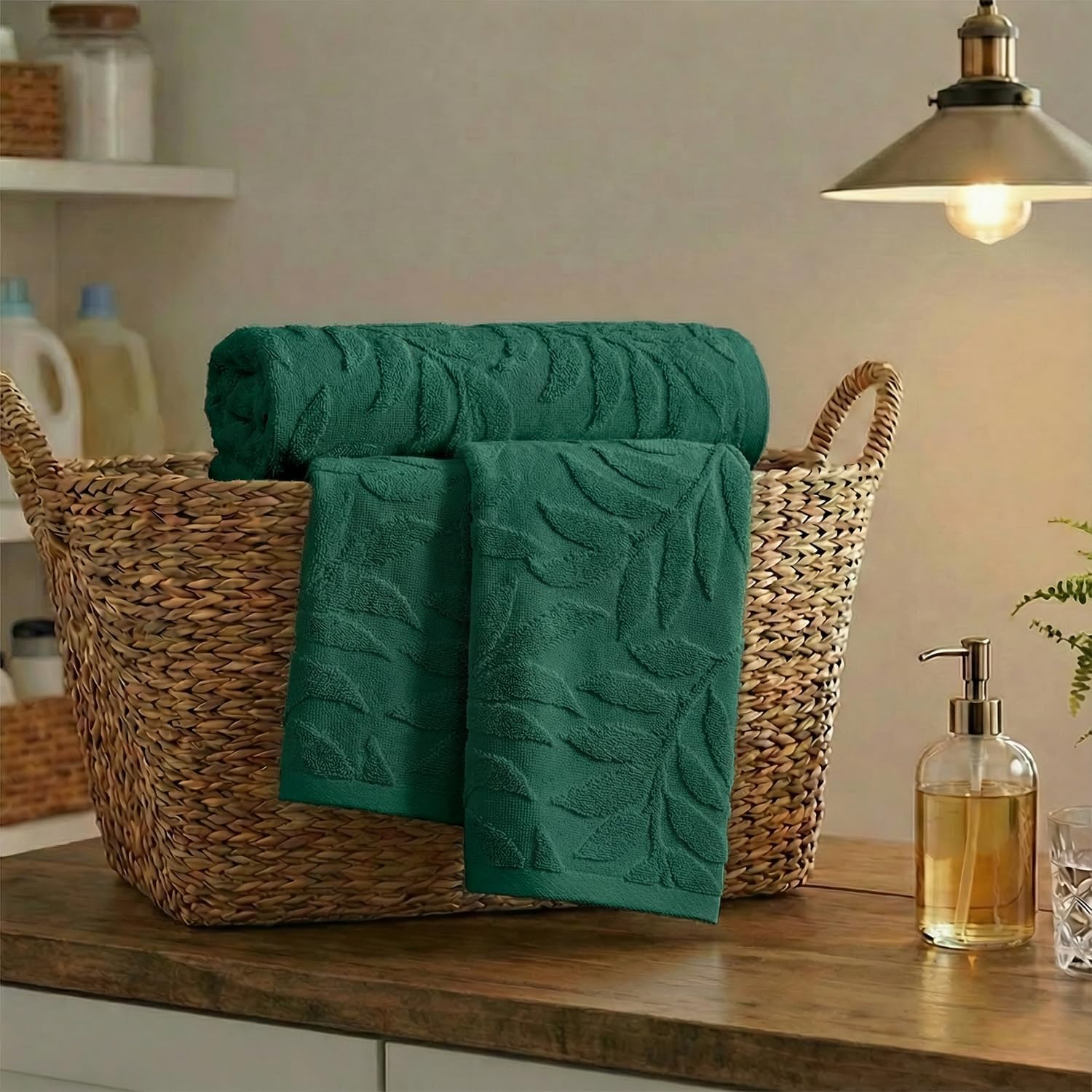 Artoid Mode 1 Pc Dark Green 3D Leaves Jacquard Hand Towels for Bathroom, 100% Cotton Soft Absorbent Bathroom Decor Towels, 13.7 x 29.5 Inch image 5