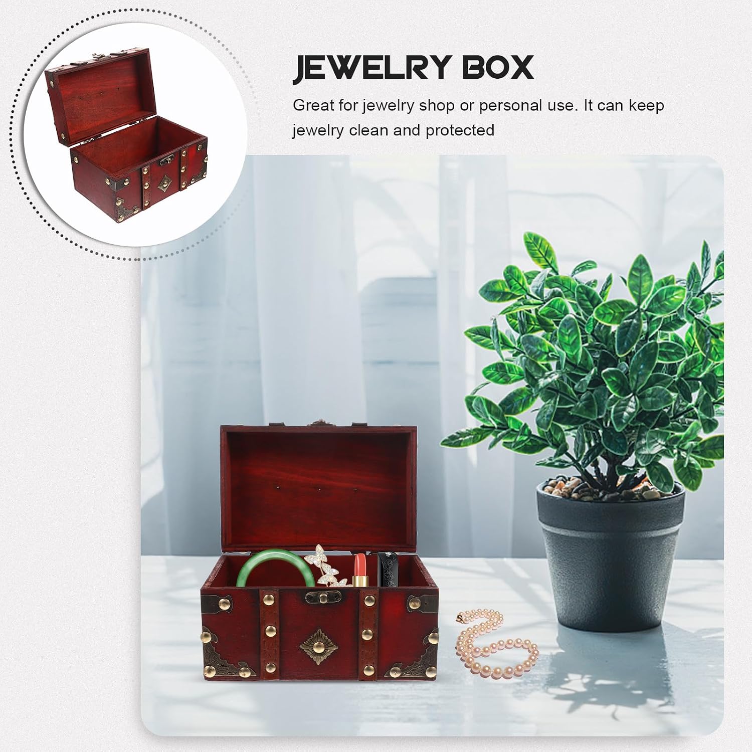 Wooden Jewelry Box with Lock Small Vintage Necklace Organizer Earring Storage Case Red Retro Decor for Bedroom image 4