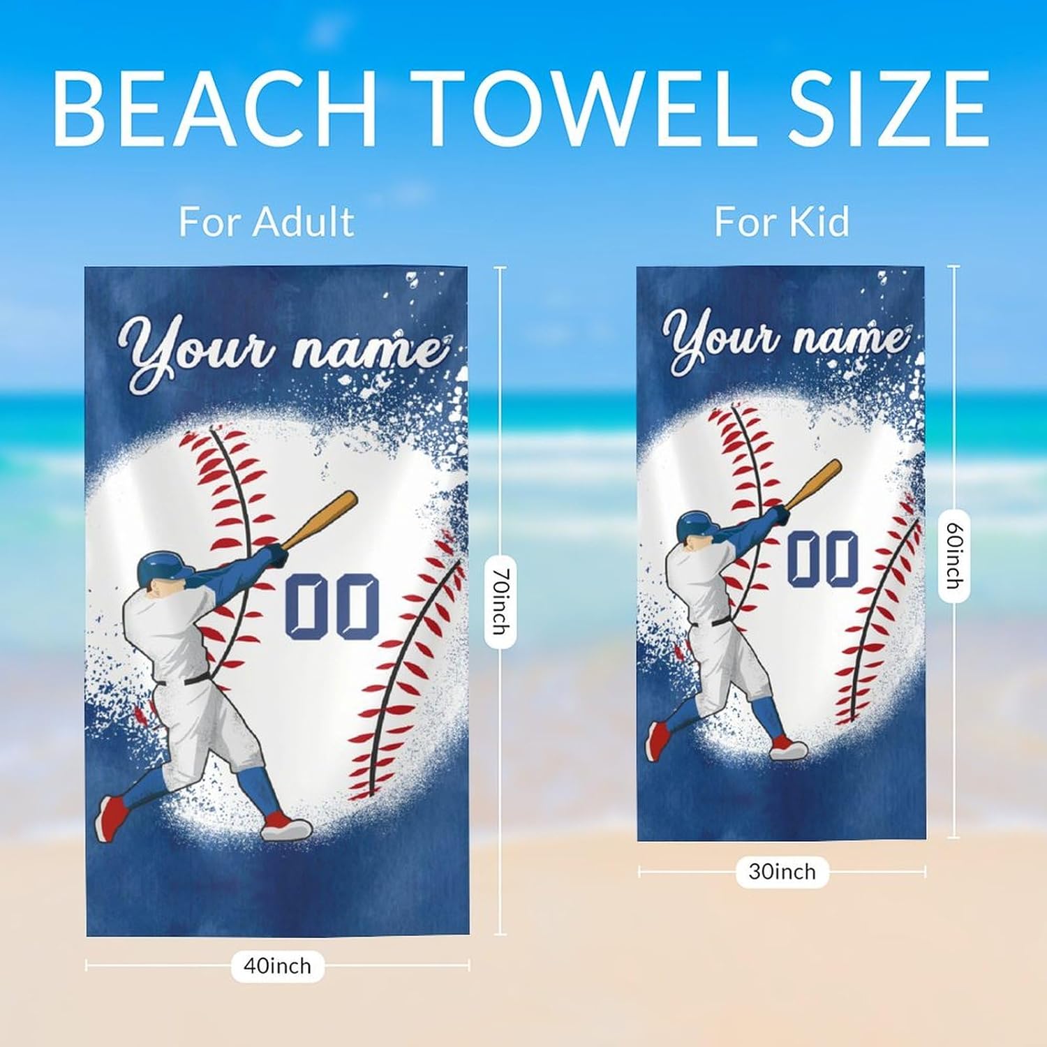 Oversized Beach Towel Sandproof for Adults, Microfiber, Quick-Dry, Absorbent 40" x 70" Custom Baseball Towels for Bath, Accessories for Pool, Camping, Travel, Vacation