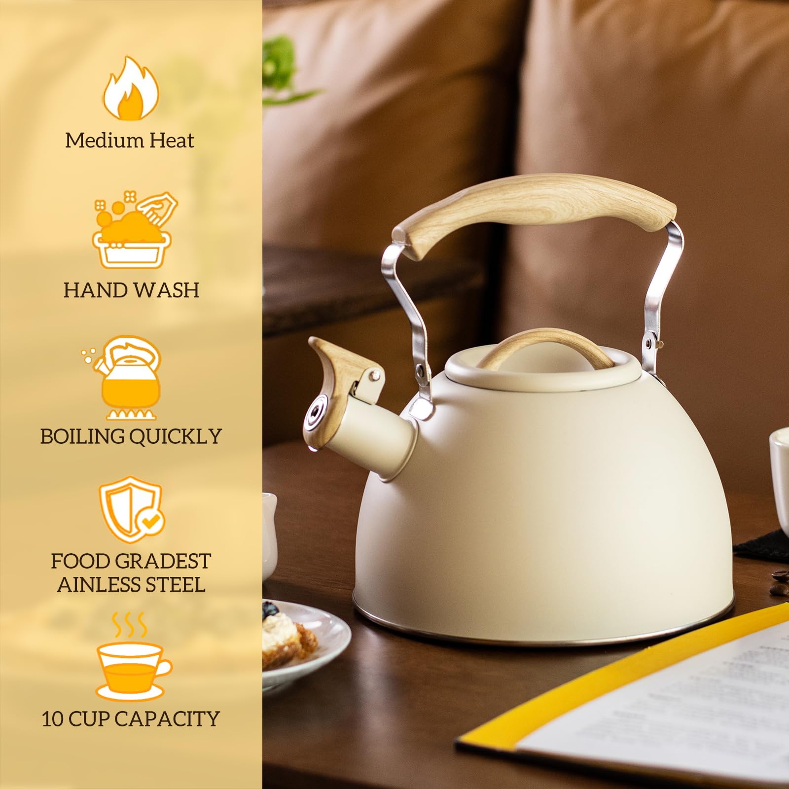 Whistling Stove Tea Kettle Food Grade Stainless Steel Teapot, Hot Water Fast to Boil With Wood Pattern Anti-slip Handle-3.2 Quart