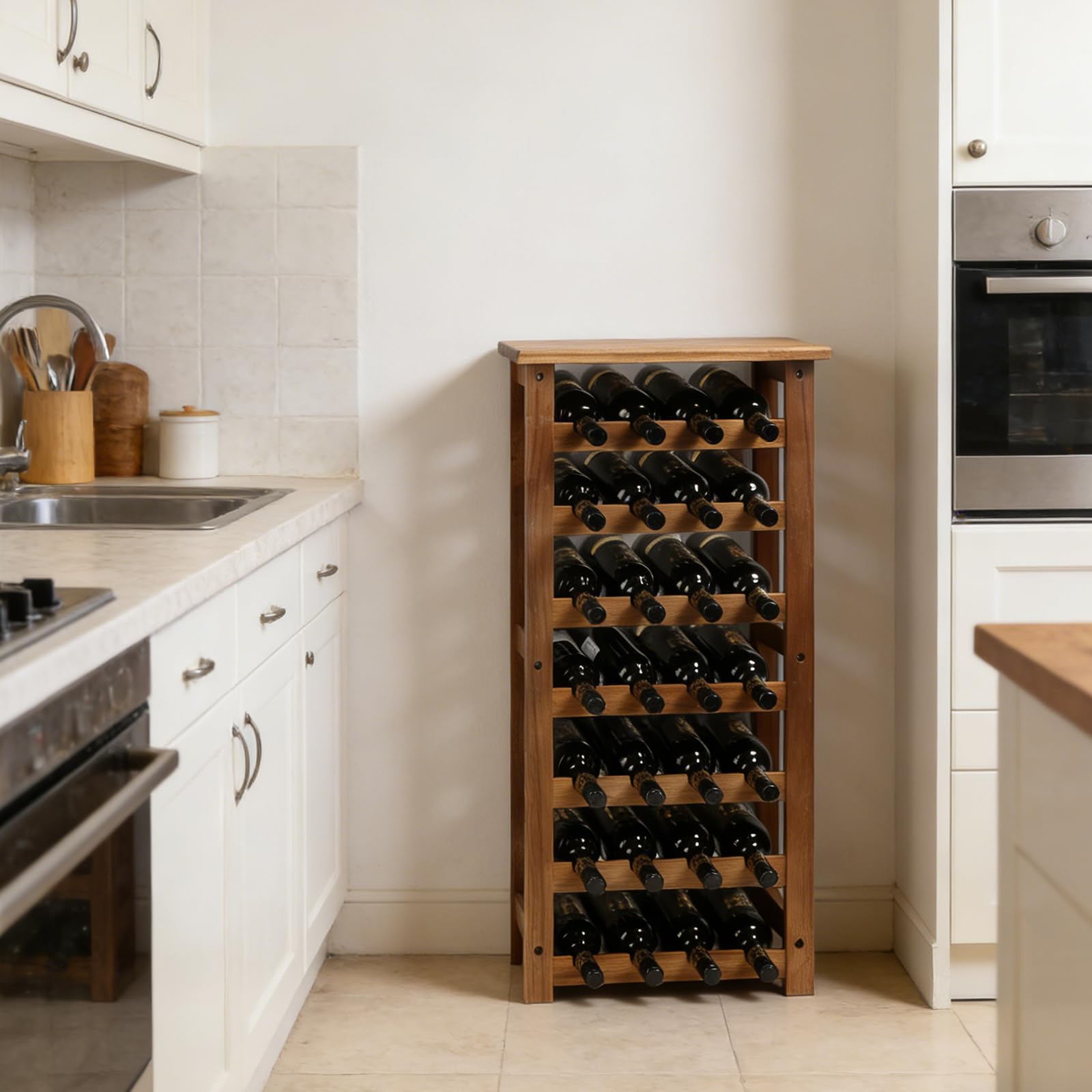 jalz jalz Weinregal Akazienholz für 28 Flaschen - Stabiles Modulares Flaschenregal Holz Erweiterbar - Weinständer für Keller, Küche, Gastronomie, Bar - Platzsparende Weinaufbewahrung Natur