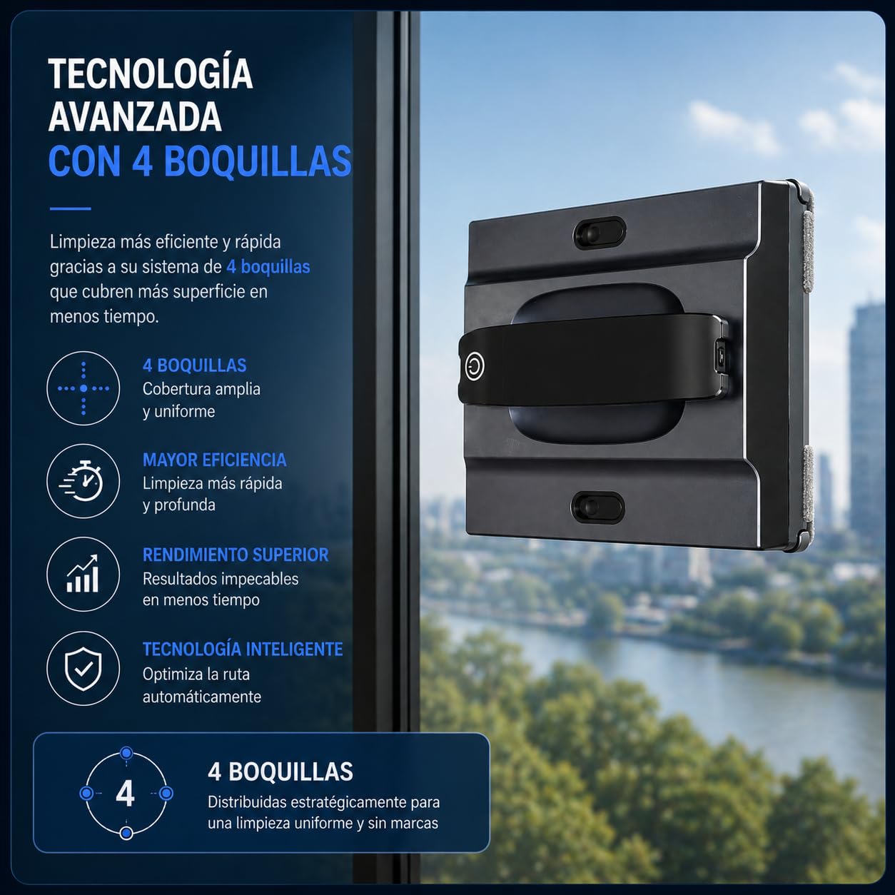 Robot Limpiacristales Automático con 4 Boquillas Pulverizadoras + Pack Regalo 6 Limpiacristales Kiehl GlasQueen– Doble Depósito, Limpieza de Ventanas, Espejos y Azulejos, Mando o App, Anti-Caídas