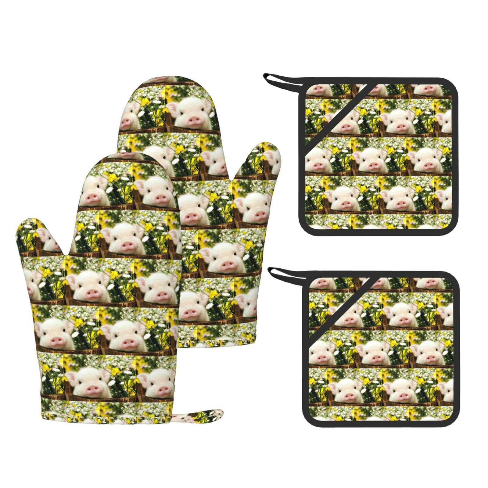 Rape flower pig Printed Pot Holders and Oven Mitts 4-Piece, Non-Slip Kitchen Gloves with Utensil Pocket for BBQ