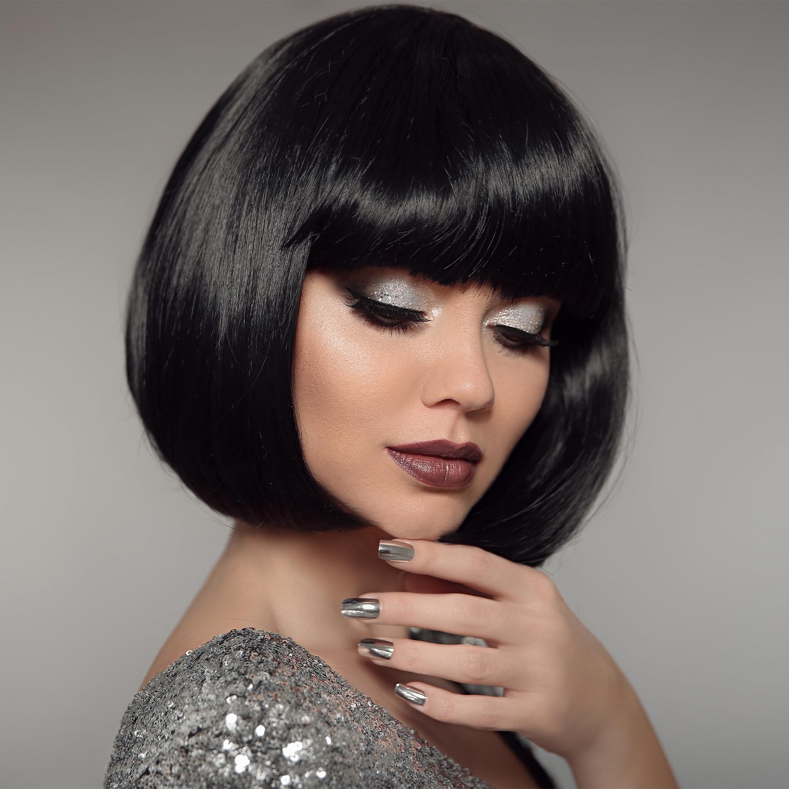 BUYOGET Black Bob Wig with Fringe 12 Inch Short Straight Costume Wigs for Women Cosplay Party Halloween