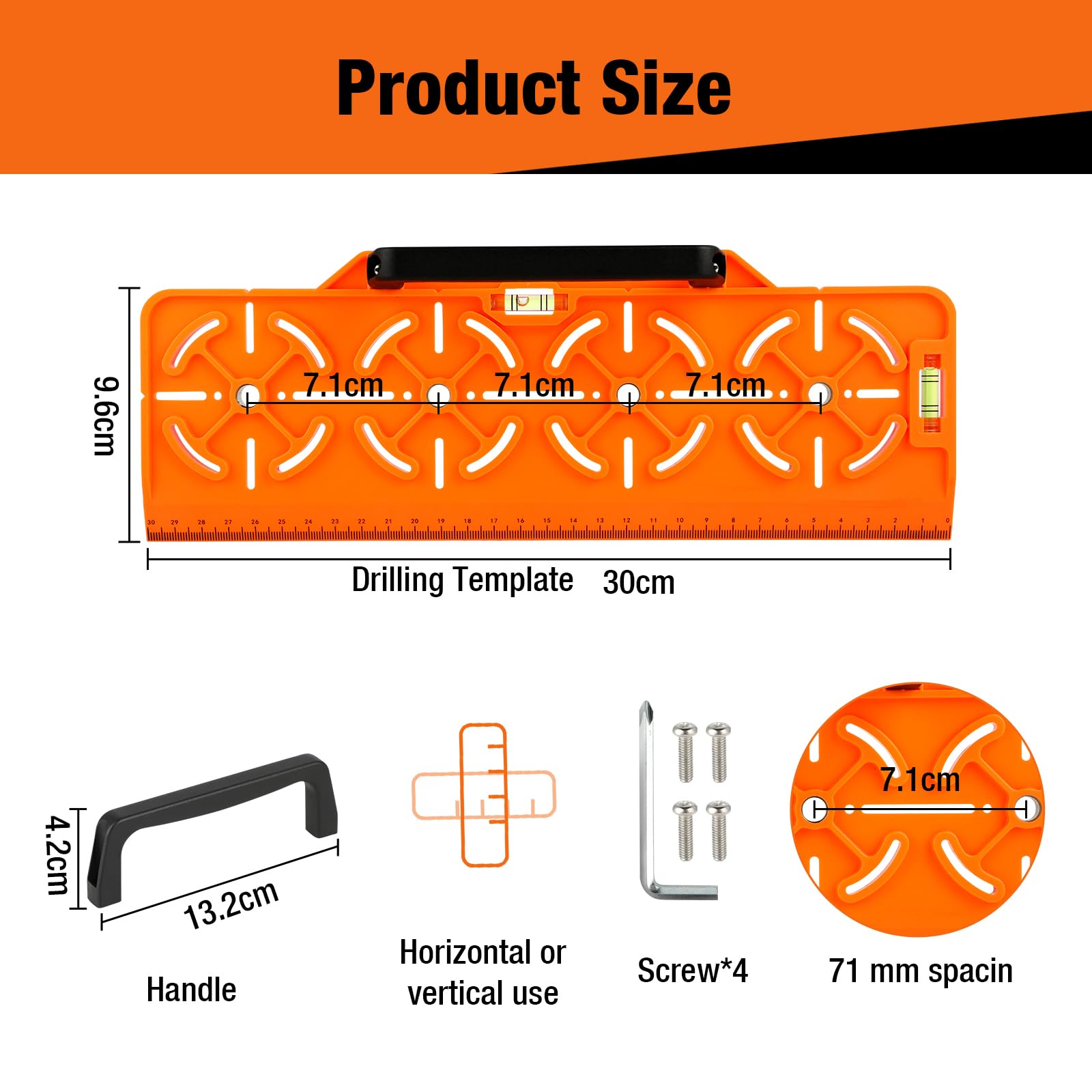 Plantilla de Taladro para Enchufe 71 mm – Caja Empotrada y Paredes Secas – Nivel de Burbuja y Regla Integrada, Herramienta de Precisión para Instalación Eléctrica(Naranja)