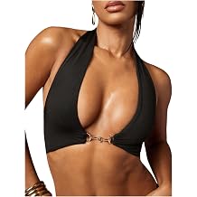 SHENHE Women Deep V Metal Link Halter Crop Top