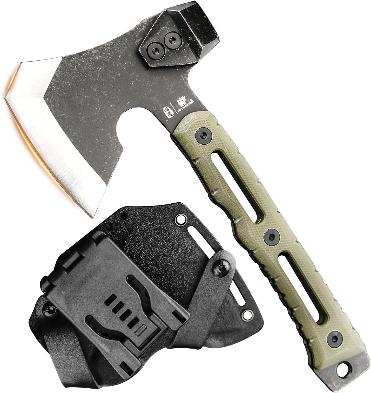 HX HX OUTDOORS Mini Multifunctional Hatchet, Full Tang Axe with Non-Slip Handle and Durable Kydex Sheath (OD Green)