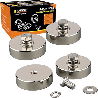 Strong Neodymium Round Magnet with Bolt, 4 PCS Heavy Duty Rare Earth Magnets with M6 Female Thread, Powerful Removable Magnetic Mounting Base for Lighting, Tools, Equipment