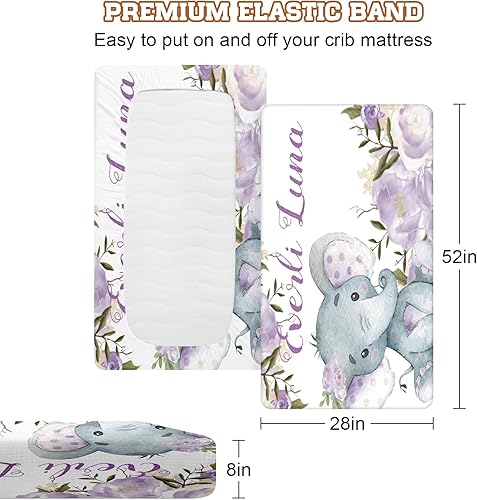 Miniatura 2 de KAINSY Sábanas para cuna con nombre personalizado, ropa de cama de bebé de elefante morado para niños y niñas, sábanas bajeras plegables portátiles