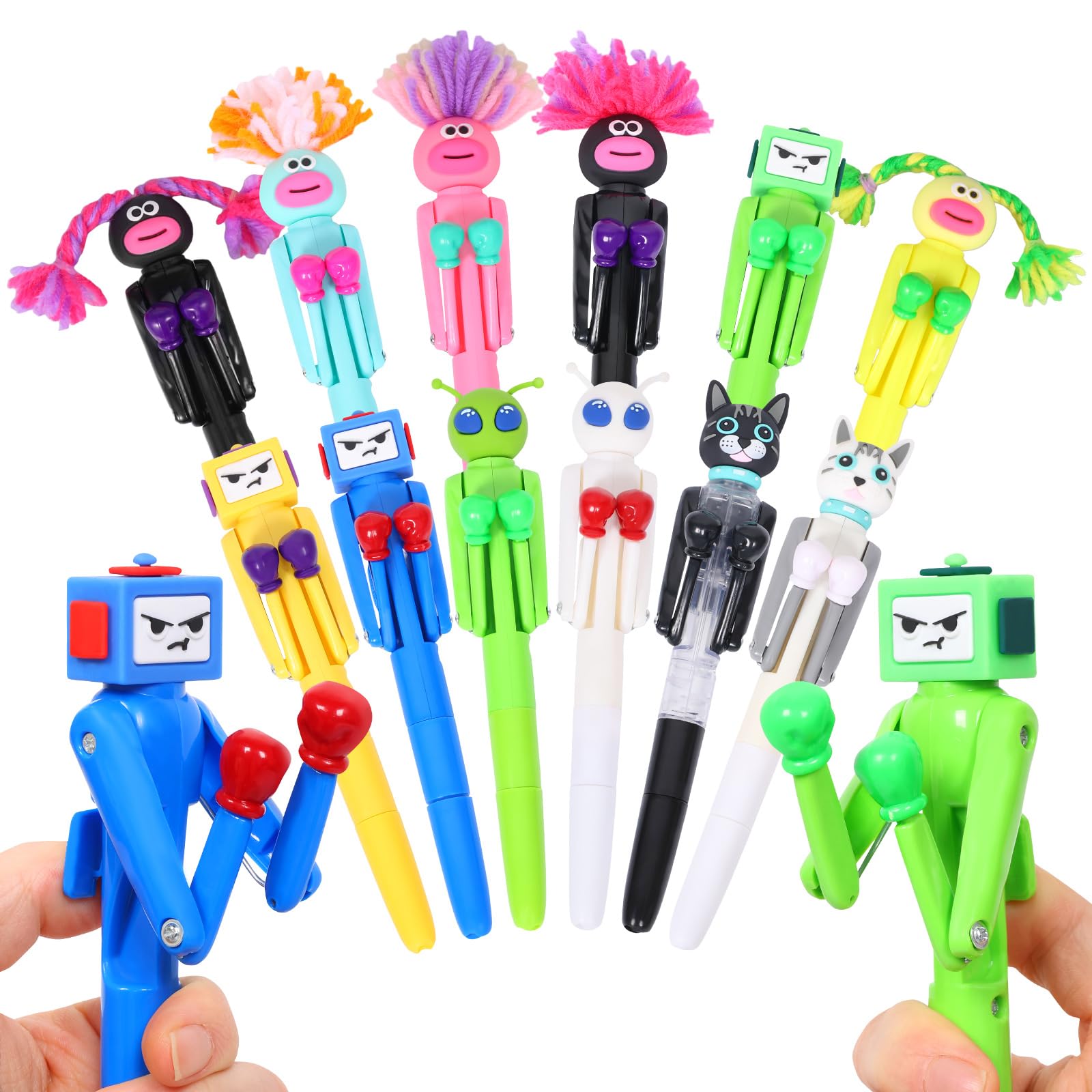 QINGLANG 12 Pcs Boxing Robot Pens Set Funny Novelty Ballpoint Pens with Punching Arms and Crisp Button Sound 1.0mm Smooth Writing Fidget Pen for Stress Relief Kids Party Bag Fillers Gadgets Gift