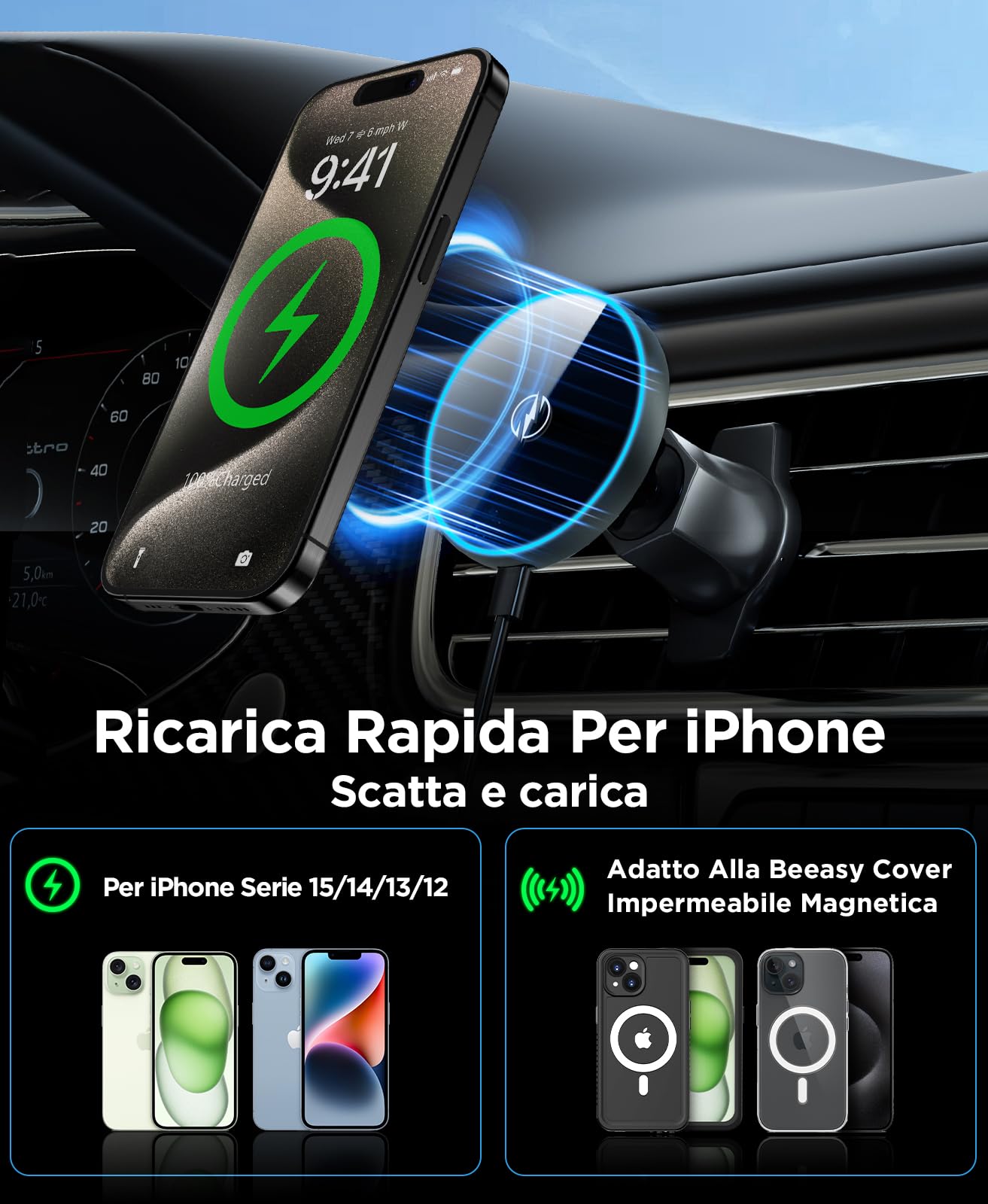 Beeasy 15W Magnetico Caricatore Auto Wireless, 2 In 1 MagSafe Auto Ricarica Wireless, Vent/Cruscotto Porta Cellulare Auto Magnetico per iPhone 17 16 15 14 13 12 Pro Max Plus Mini