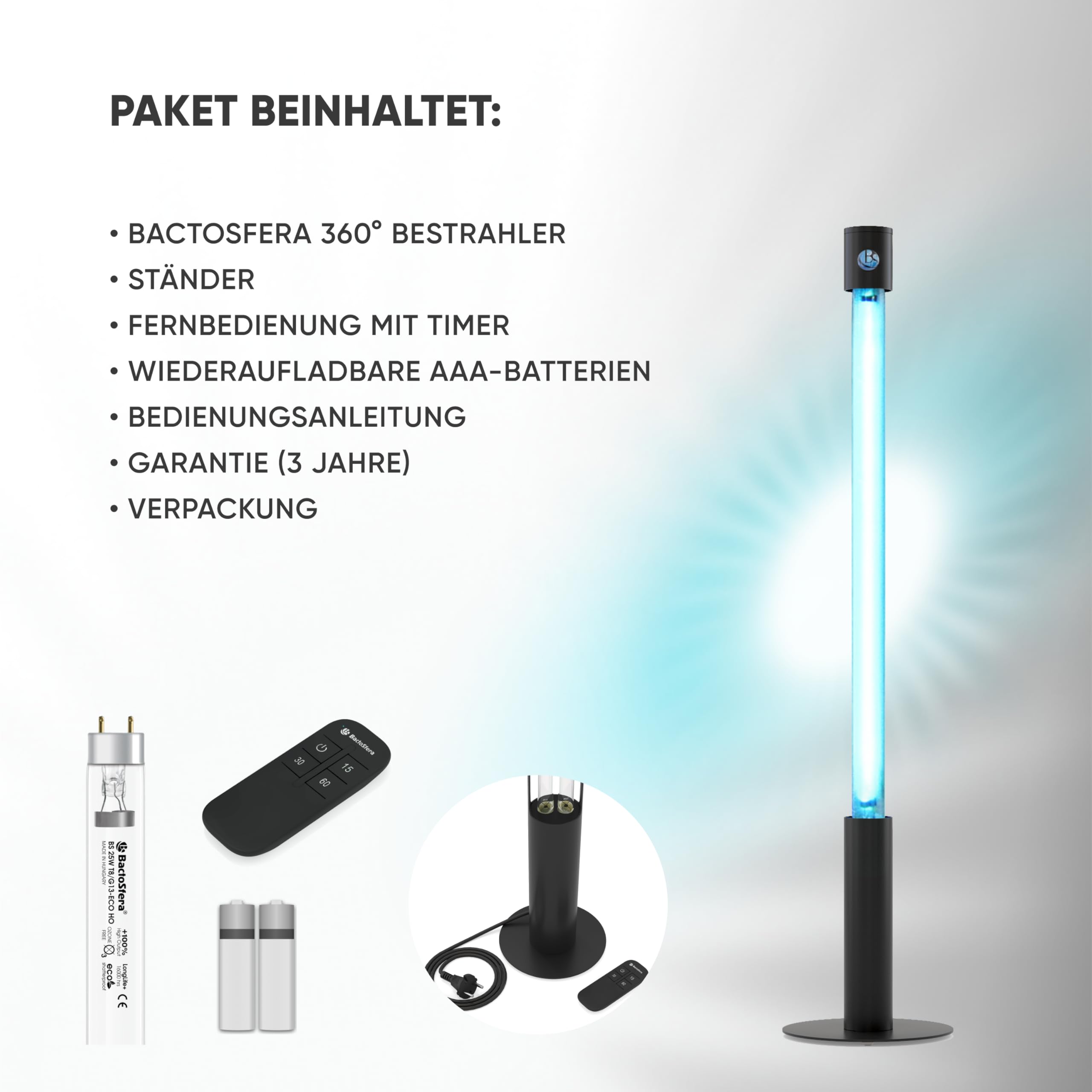 Lampada UV Germicida 360° 25 ECO + RC-TIMER 25W Senza Ozono con Telecomando e Timer - Sterilizzatore UV a Luce Ultravioletta 254nm, Lampada al Quarzo 16.000h, Antivirus per Casa, Ufficio