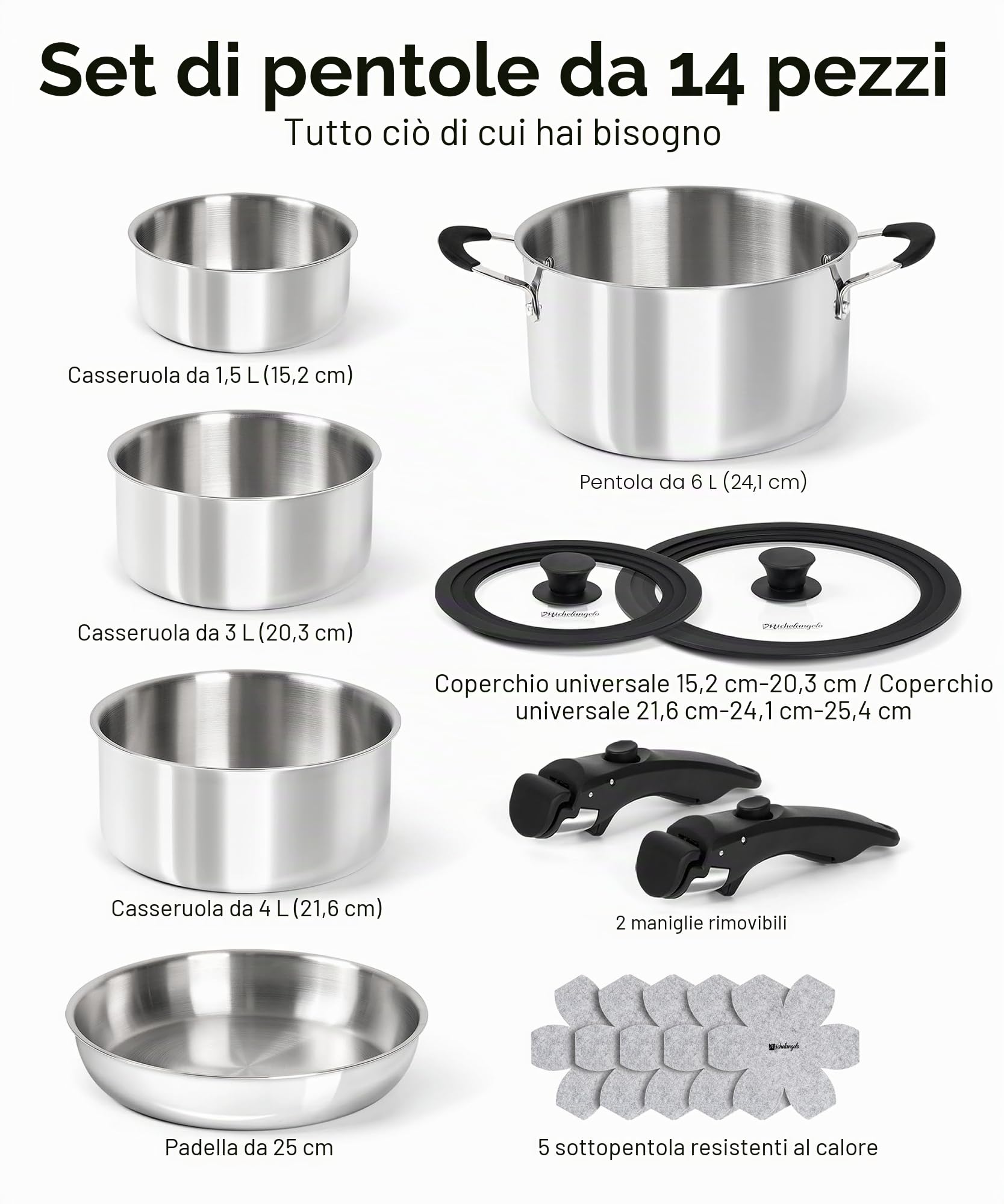 Michelangelo Set da 14 pentole in acciaio inox a tre strati con manico staccabile, set di pentole da cucina a induzione, pentole e padelle adatte al forno, impilabili per camper e campeggio