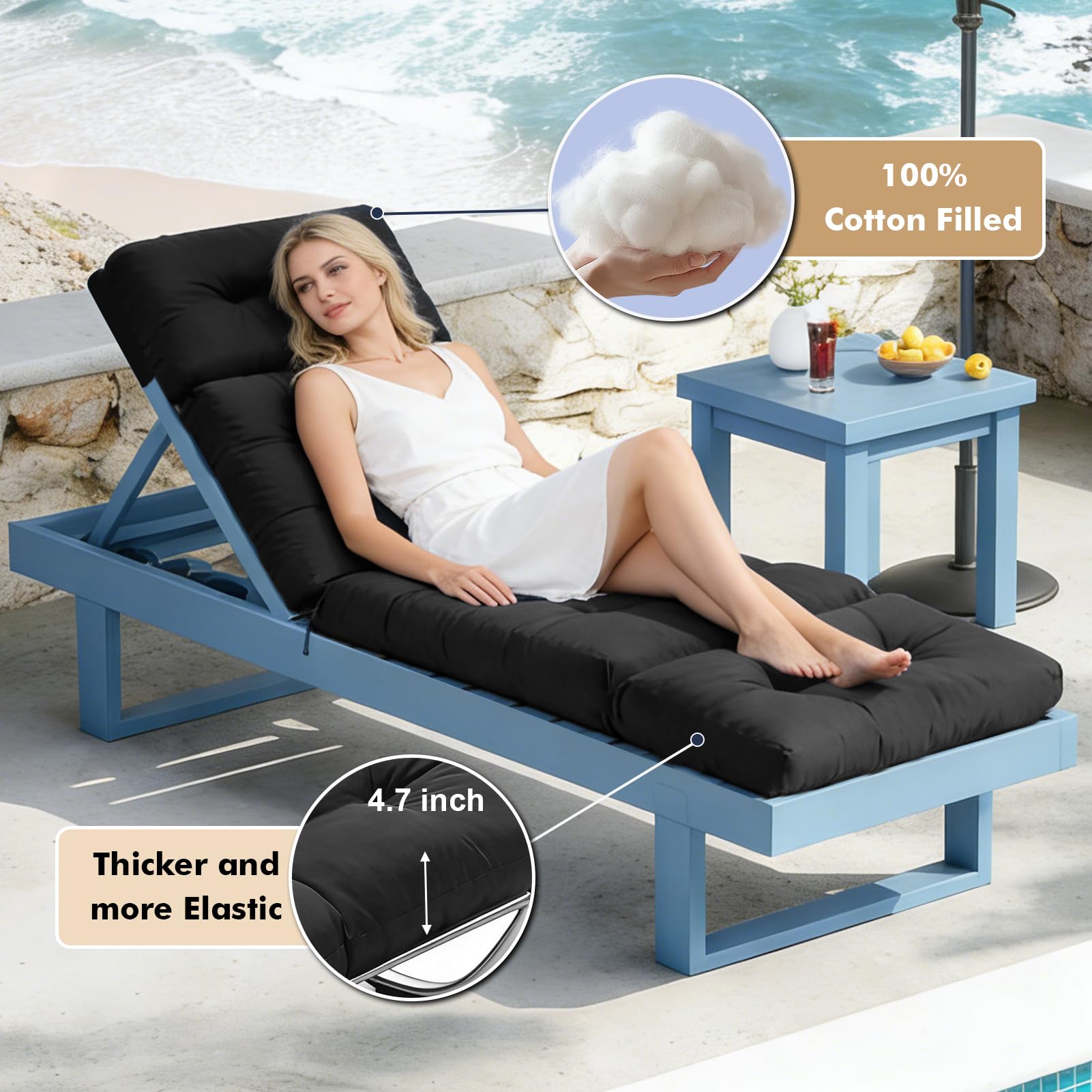 Outdoor Chaise Lounge Chair Cushion, 100% Waterproof Lounge Chair Cushions for Outdoor Furniture, 75.1 x 22.8 x 4.7 Inches Replacement Thickened Pool Lounges Chairs Cushions with Ties, Black — view 5