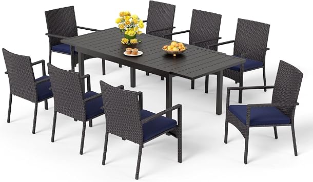 MFSTUDIO 9 PCS Patio Dining Set, Expandable Table, Rattan Chairs