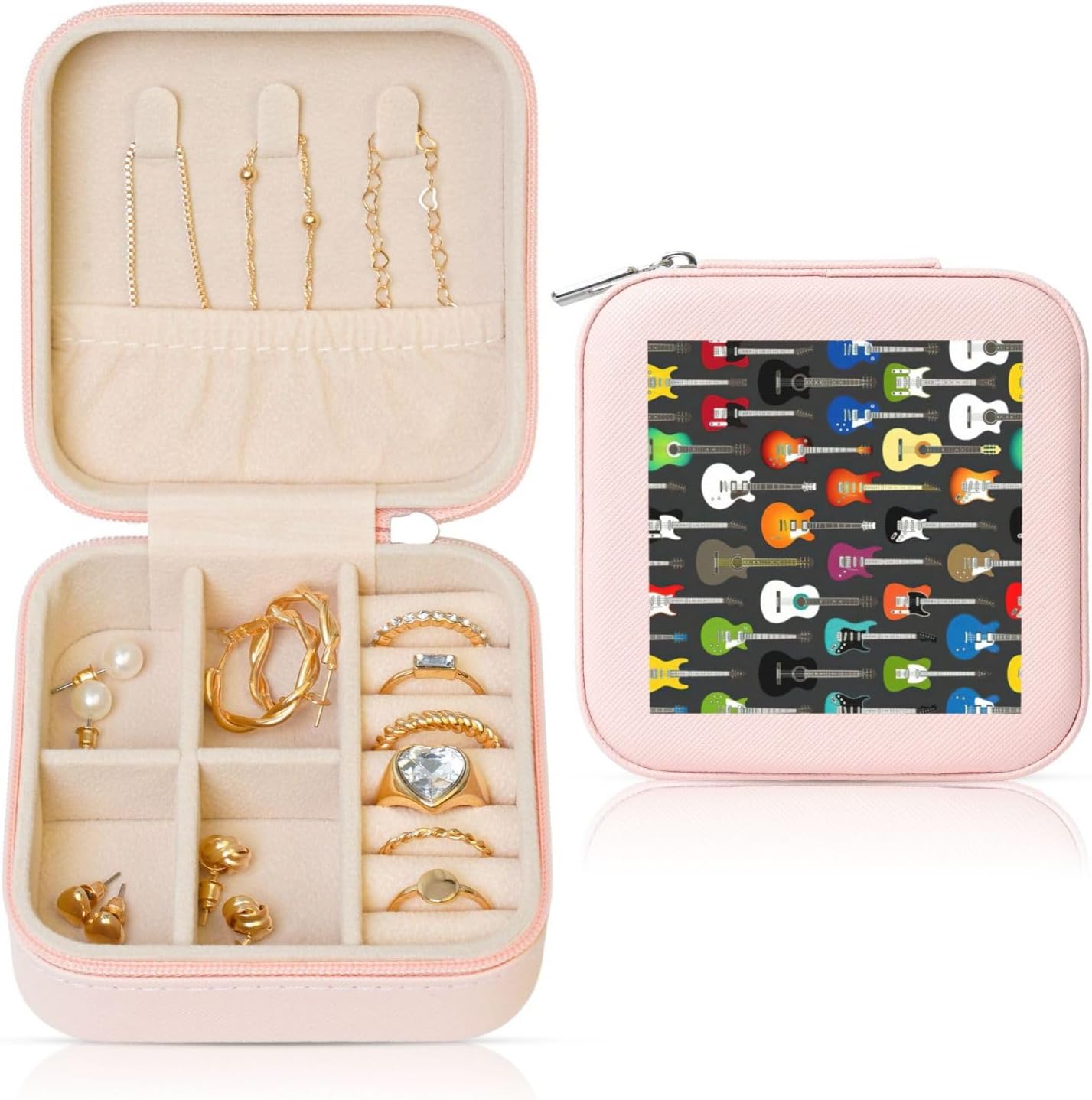 Color Acoustic And Guitars Print Travel Jewelry Case,Mini Box For Earring,Leather Organizer Case Storage Gift Box Women