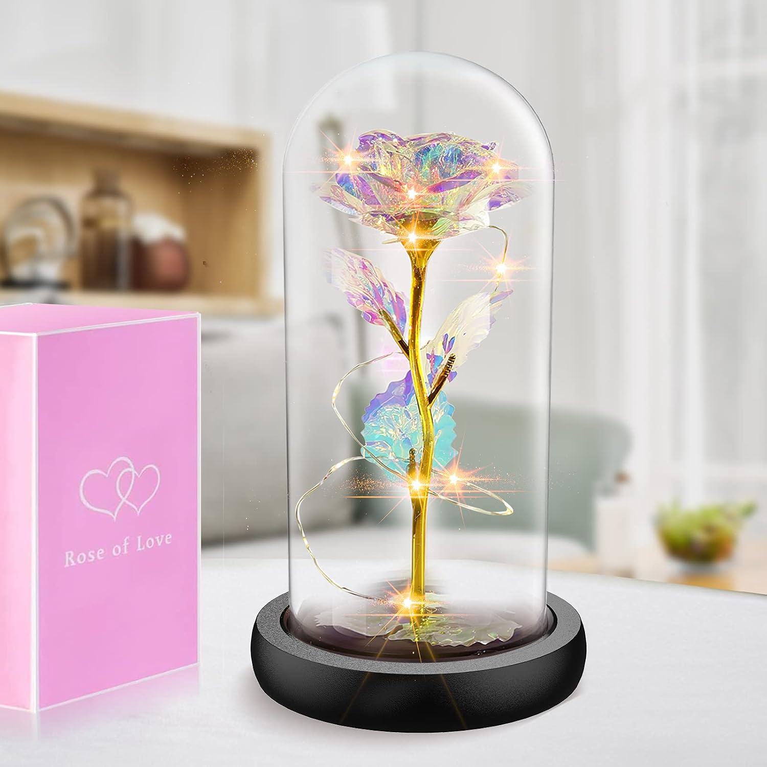 Gift for Women Beauty and The Beast Rose Artificial Flower NICEAO Led Light String Flower, Forever in Glass Dome, Graduation Gift Unique Gifts for Anniversary, Wedding, Birthday (Warm)