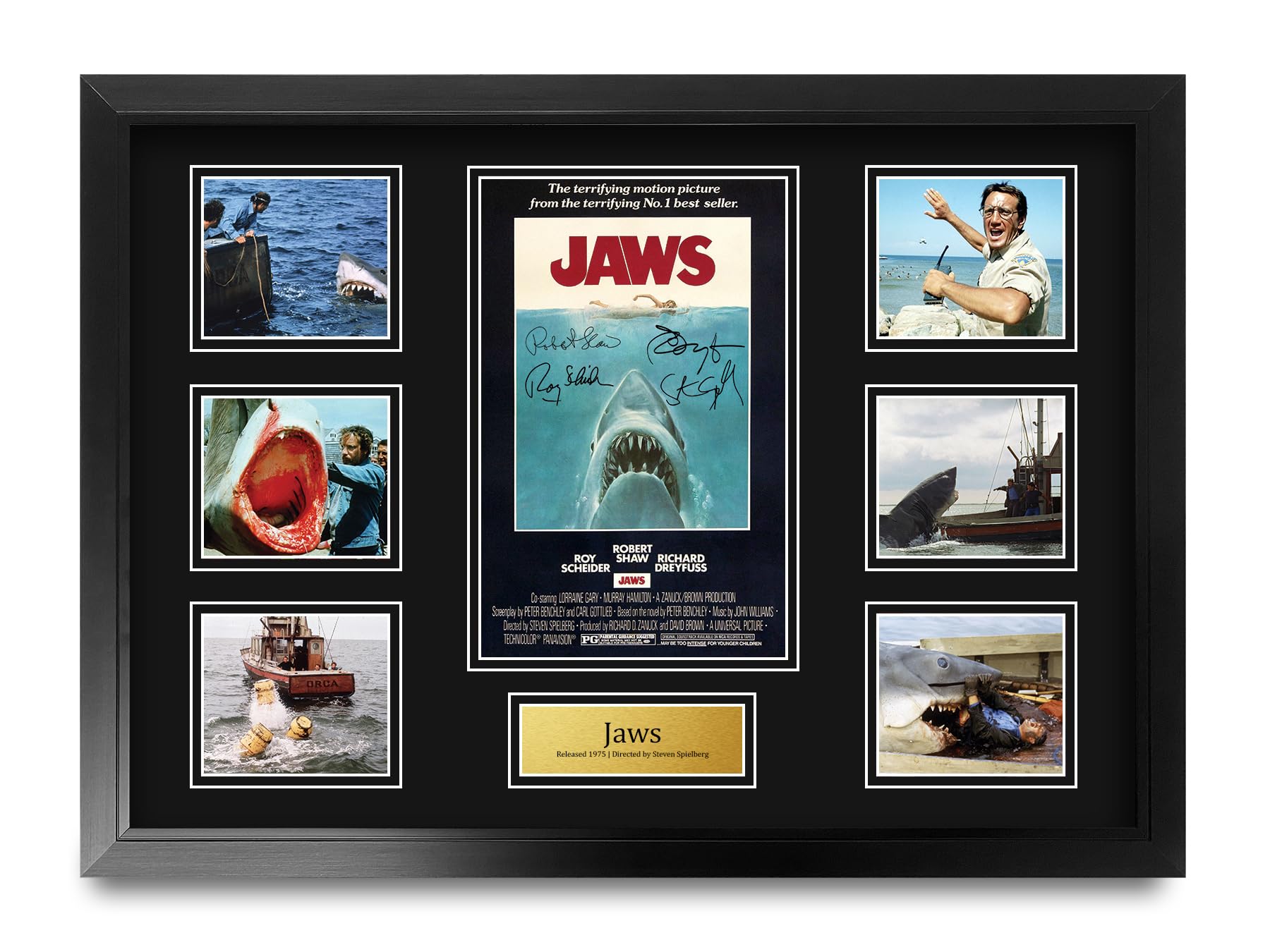 HWC Trading Jaws Gifts Printed Signed Autograph Presentation Display Montage for Movie Memorabilia Fans - A2 Framed