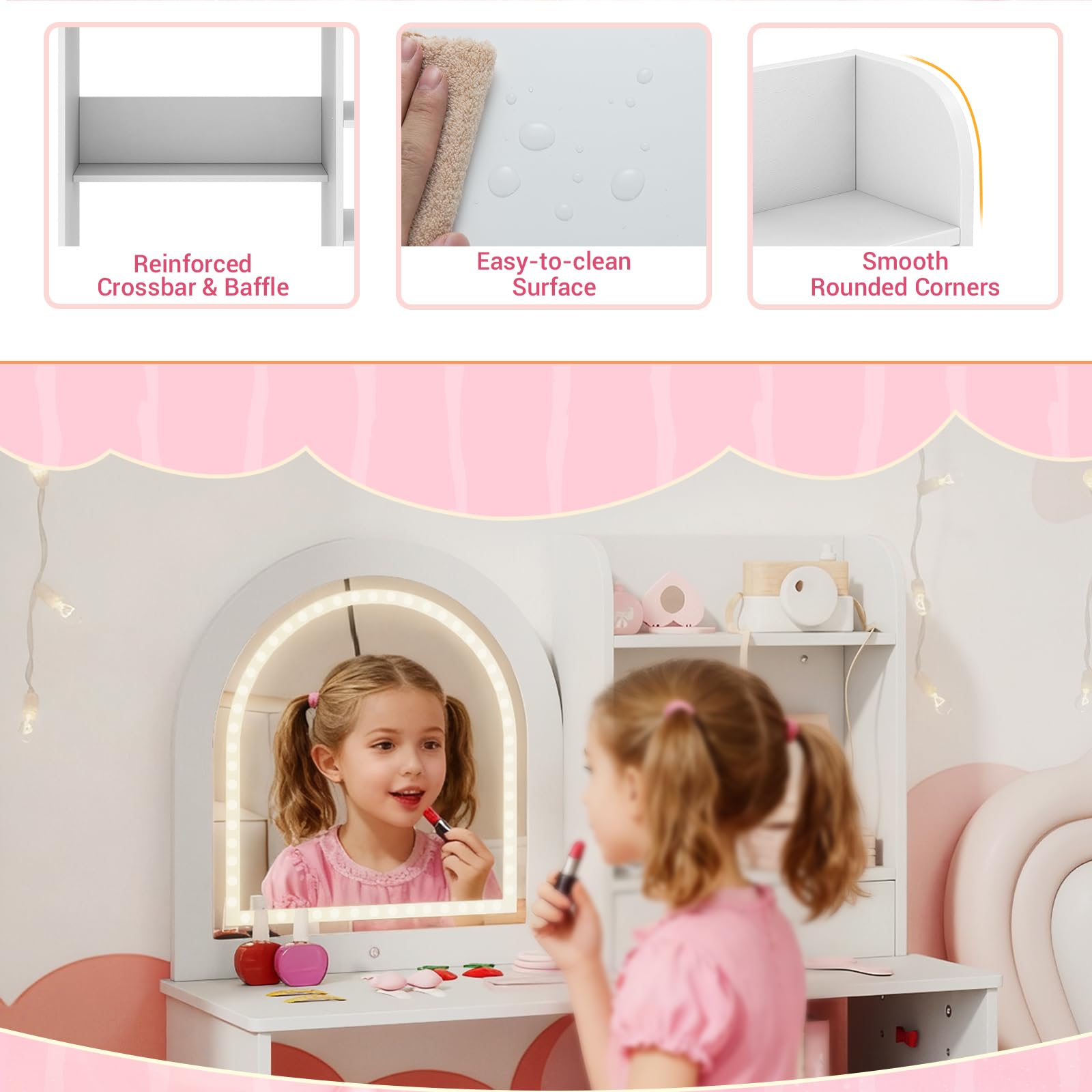 LIFEZEAL Specchiera Trucco per Bambina 3+Anni, con Luci, Sgabello, Sedia, Toeletta Tavolo da Trucco, Postazione Make up, Toilette, Vanity, con Cassetti, Scomparti Aperti, per Cameretta (bianco)