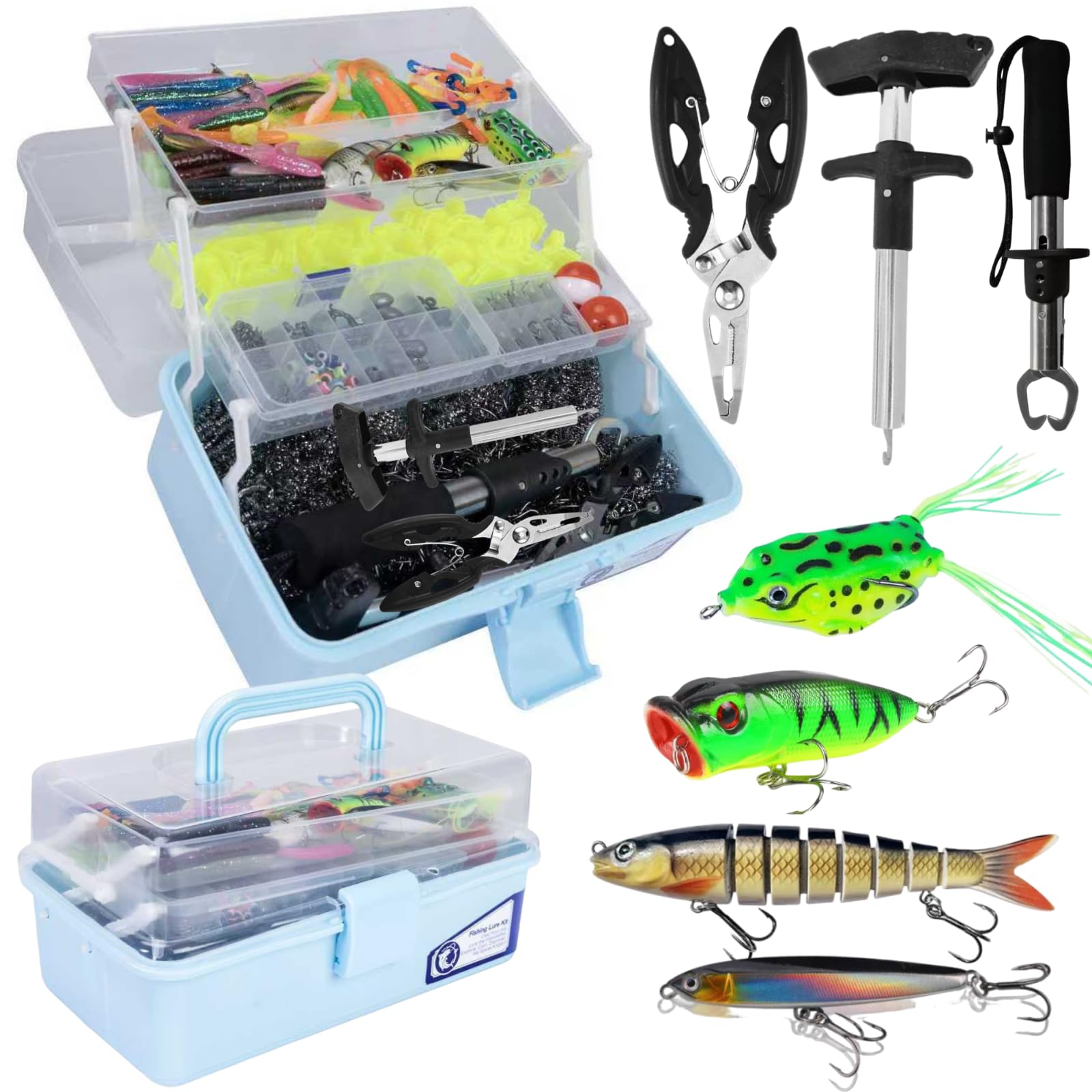 Caja grande de aparejos de pesca de 3 capas con aparejos incluidos, kit de 450 señuelos de pesca, contiene alicates, anzuelos, señuelos, pesos y accesorios, equipo de pesca de lubina de agua dulce