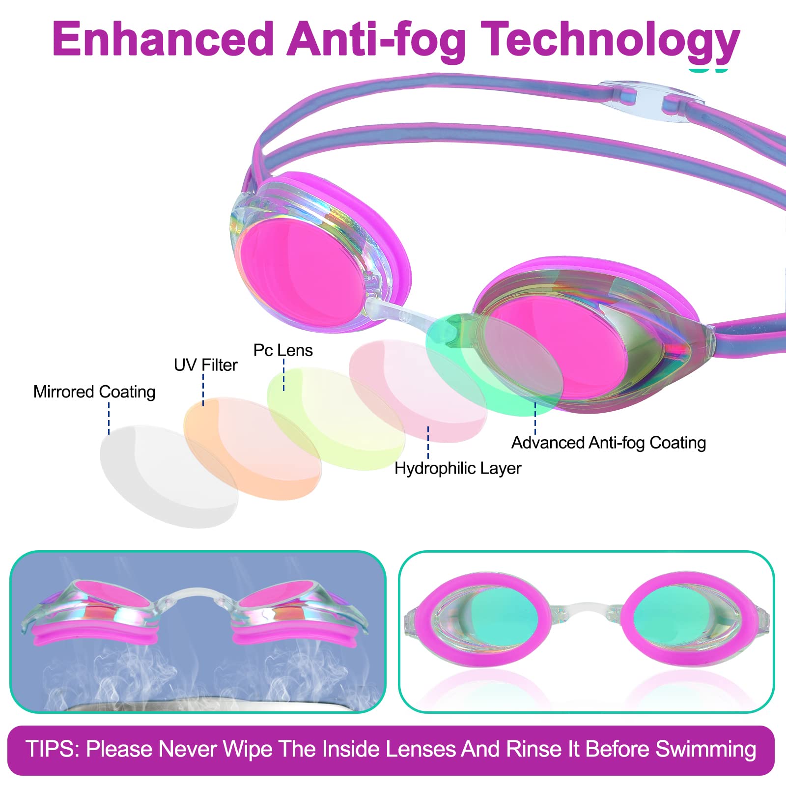 Lot de 2 lunettes de natation professionnelles anti-buée et protection UV pour hommes, femmes, adultes, jeunes et enfants
