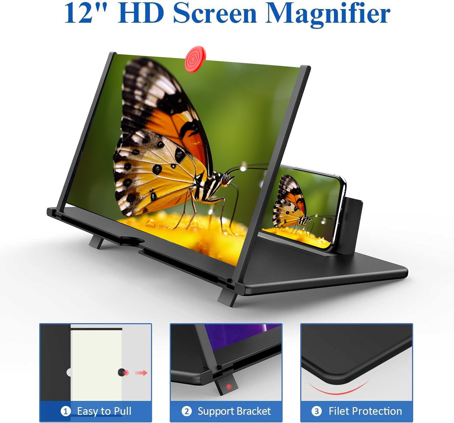 Lupa do ekranu 30,5 cm (12"), powiększająca ekran 3D HD, projektor do filmów, filmów i gier, składany stojak na telefon ze wzmacniaczem ekranu, kompatybilny ze wszystkimi smartfonami