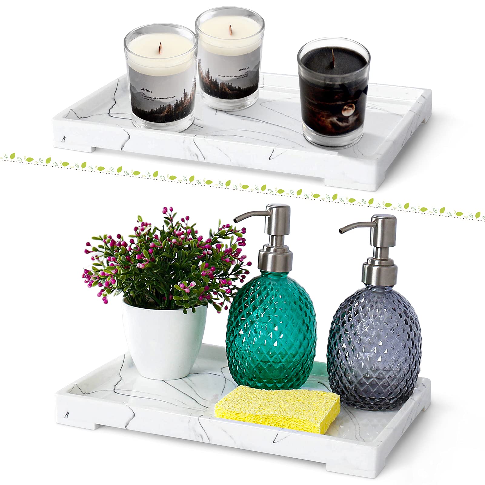 Haturi Bathroom Vanity Tray, Marble Look Jewelry Organizer Resin Tray, Large Kitchen Dresser