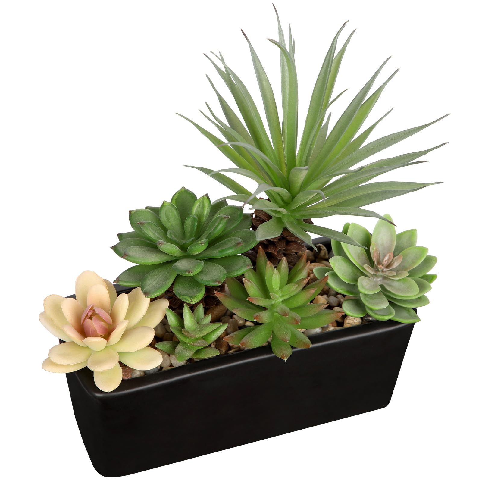 Arborus 18cm Artificial Succulent Plants Faux Mix Succulents in White Ceramic Pot Artificial Succulents Potted Indoor Fake Plants in Rectangular Pot for Office Home Bathroom Shelf Decor