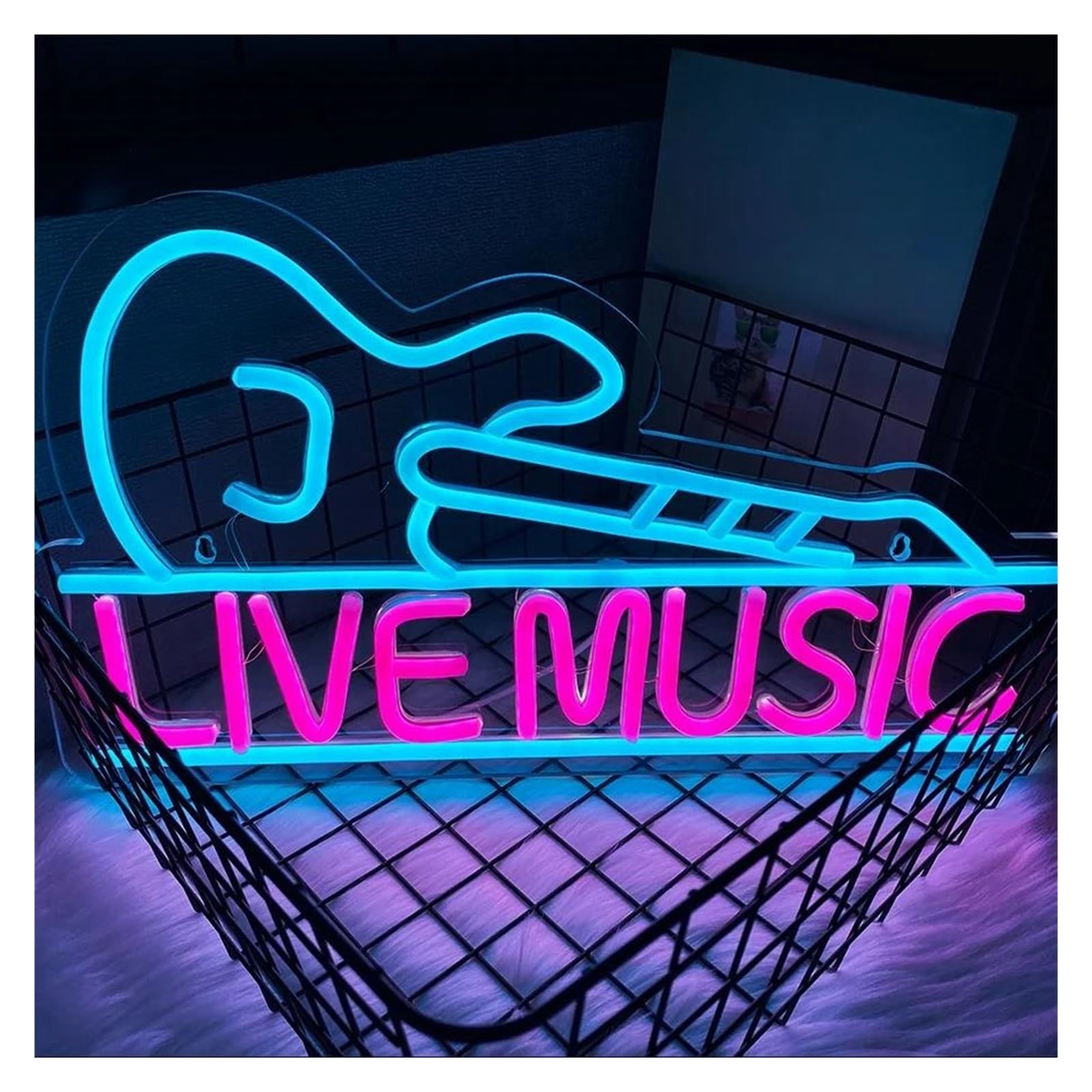 Insegna al Neon Insegna Al Neon Live Music Luce Per Chitarra Blu Dimmerabile Alimentata Tramite USB Per Studi Musicali Club Bar Decorazione Da Parete 42cmx24cm