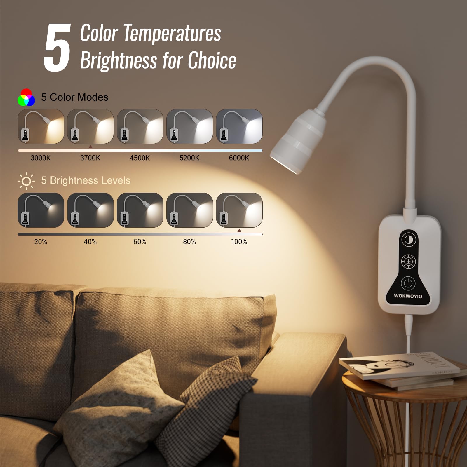 Wandmontierte Leselampe mit Handfeger-Sensorschalter, Buchlicht zum Lesen mit USB-Ausgang, 5 Farben und Helligkeit, dimmbar, Nachttischlampe, Wandlampe mit flexiblem Schwanenhals, Weiß, 1 Stück