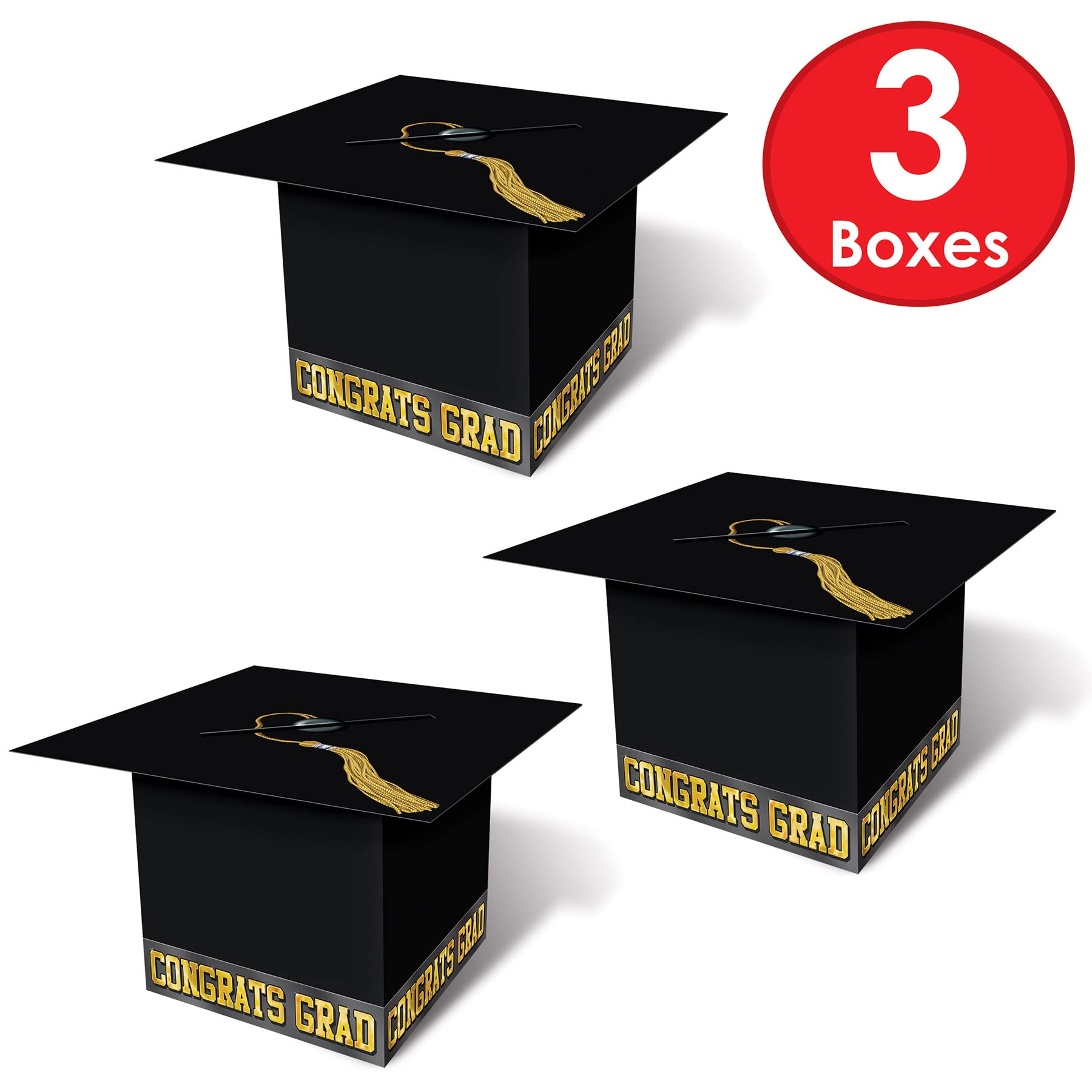 Beistle 3 Stück Geschenkkartons mit Grad Kappe für Abschlussfeier, Partyzubehör und Dekorationen, 21,6 x 21,6 cm, Schwarz/Gold
