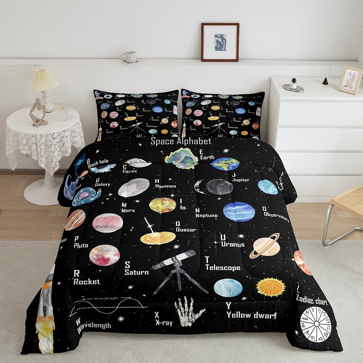 Homemissing Solar System Down Comforter Single Size for Boys Girls,ABC Alphabet Down Comforter Set Solar System Alphabet Bedding Set Educational Duvet Insert/Quilt Set Microfiber Bed Set — image 1