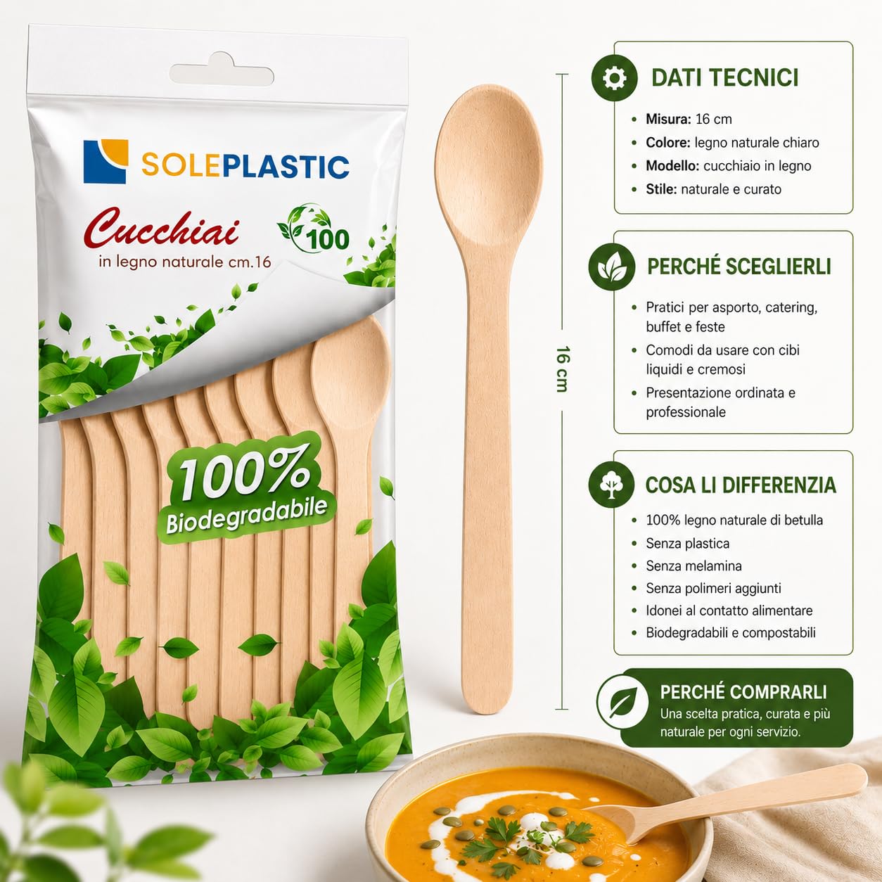 Cucchiaio Legno di Betulla 16 cm - Posate Bio Compostabili Biodegradabili per Asporto Catering