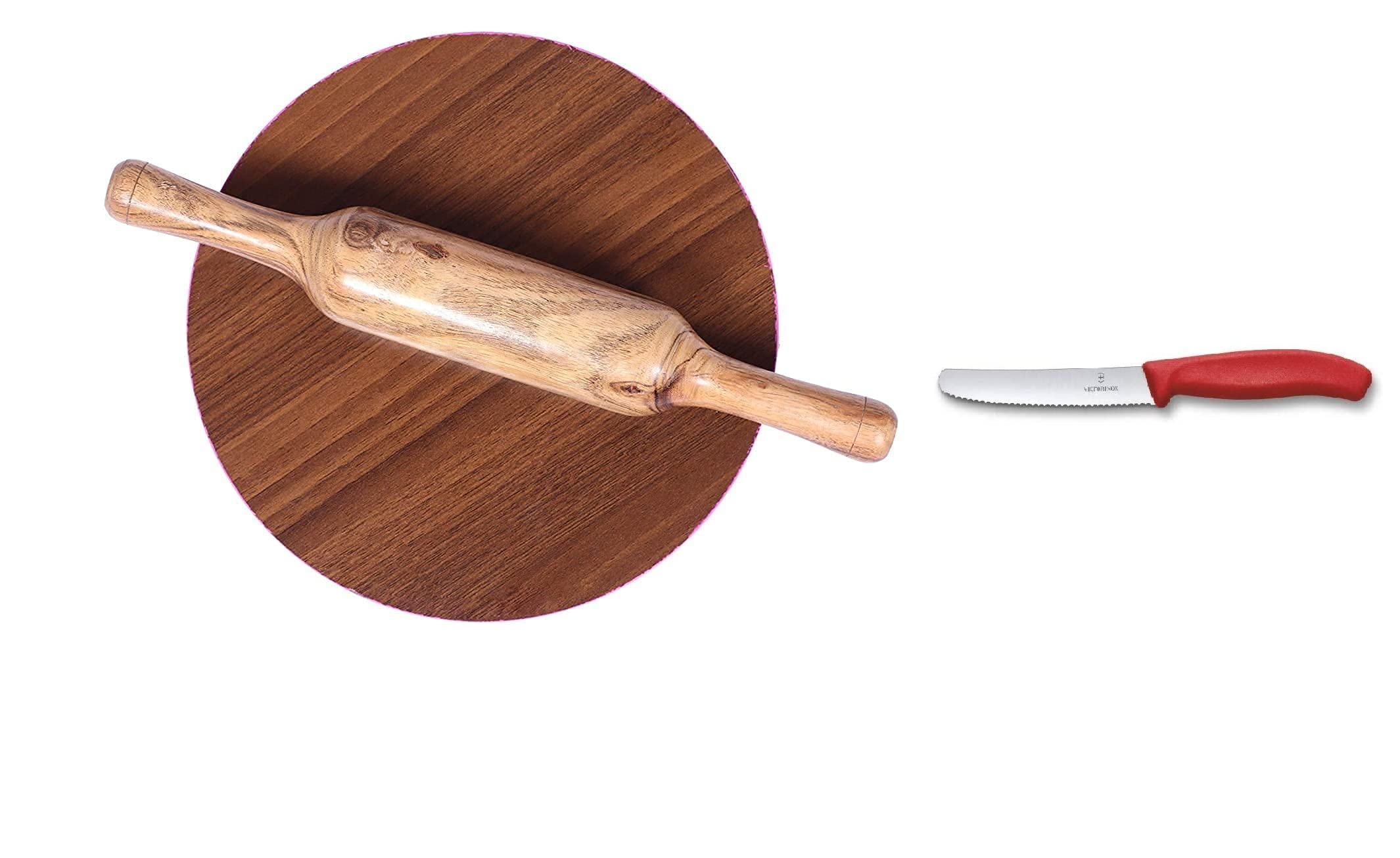 Mamta Creations Roti Roller/Chakla Belan/Rolling Pin Board/Roti Maker/Phulka Maker/Chakla with small steel knife Kitchen knives |Wooden Belan, 9 in |Pack of 2 ( White Chakla belan+ Knife)