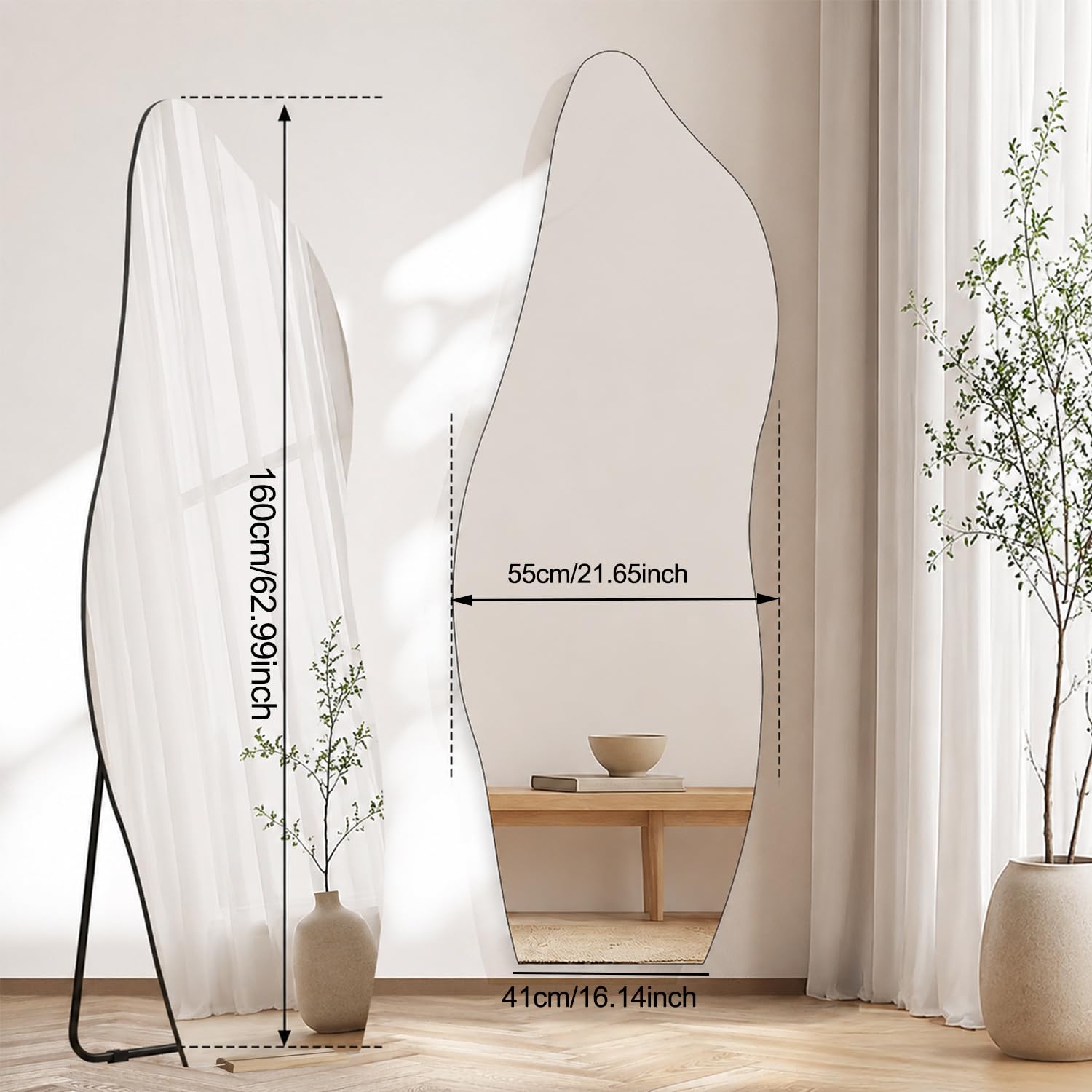 devesanter Asymetryczne lustro na całe ciało 55 x 160 cm, lustro podłogowe | Z cokołem Unikalne Lustro Bezramowe Nieregularne Duże Lustro ścienne do łazienki Sypialni Salonu