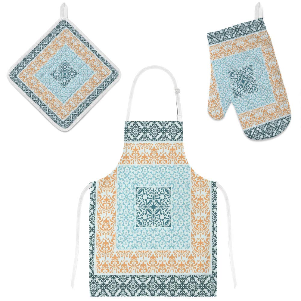 Tablier de cuisine rétro européen floral imperméable avec gant de protection