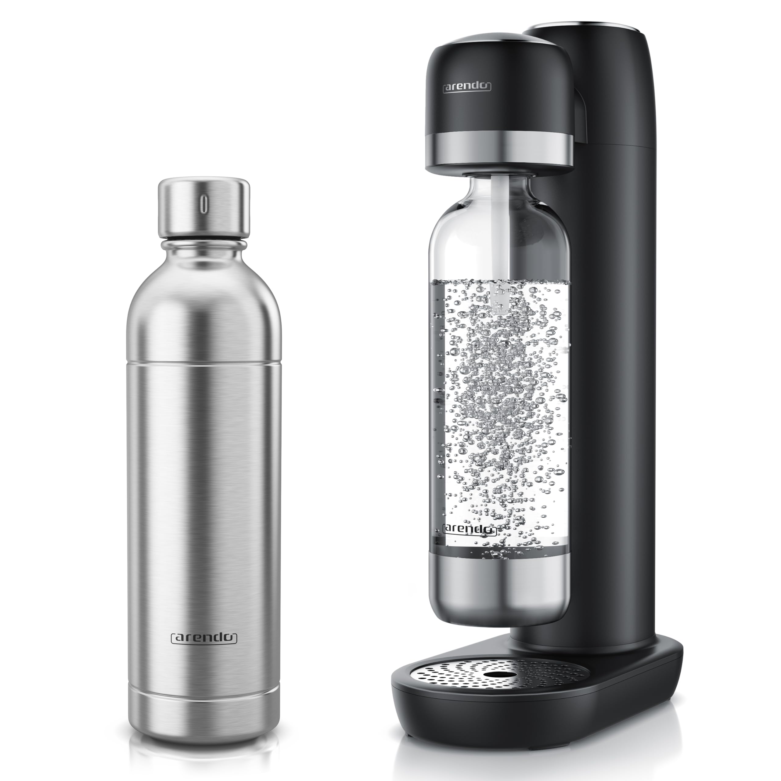 Arendo - Soda Maker Wassersprudler – inkl. 1000 ml Wasserflasche BPA frei + 1000ml WAsserflasche Edelstahl – fein dosierbar – Soda Streamer kompatibel mit 60 l CO2 Zylindern