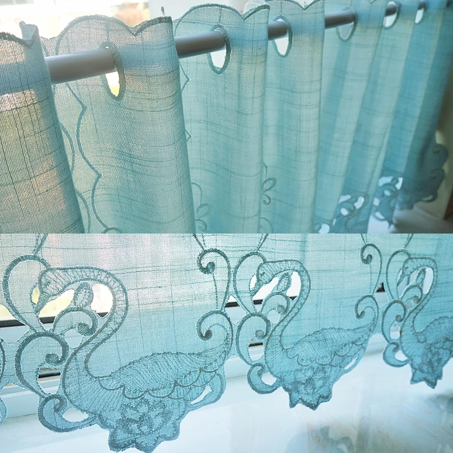 Stylish Kitchen Curtain, Beautiful Swan Embroidery Tier Curtains Valance, Short Drapes Insulating Blackout for Kitchen/Bedroom/Living Room/Café Small Window ( Color : Blue , Size : W230xH43cm )