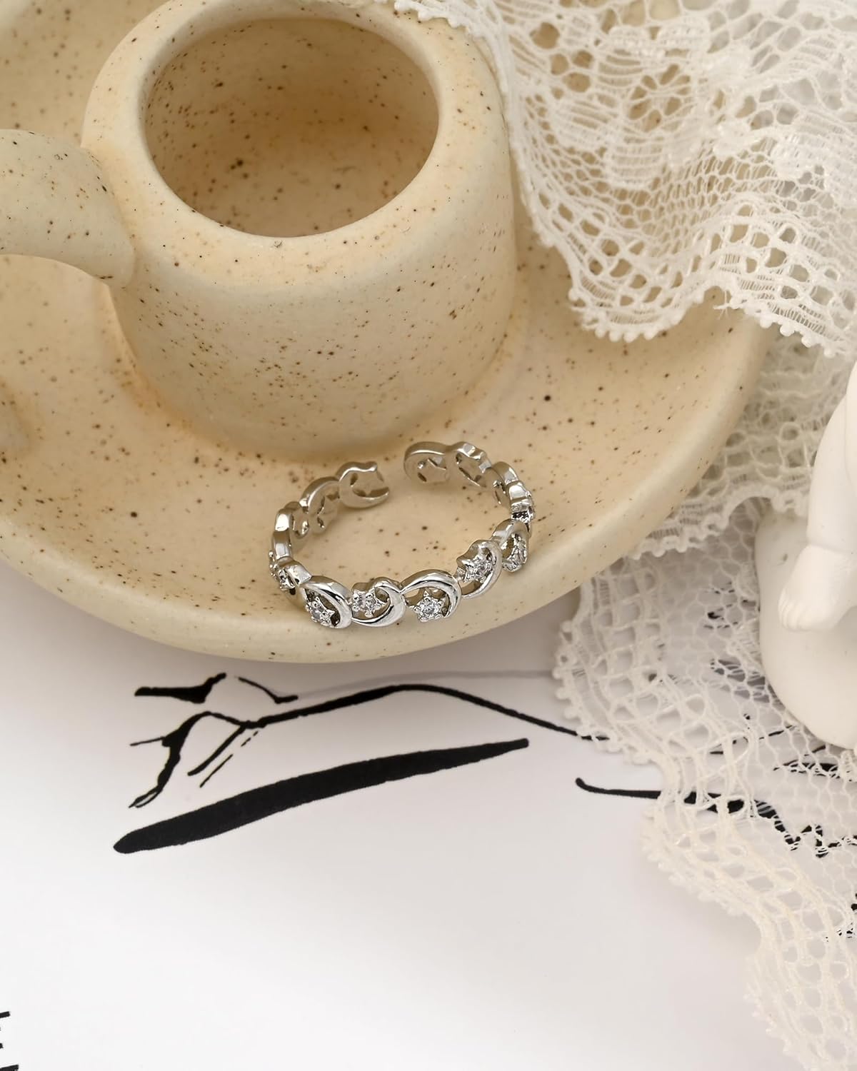Silver Moon Star Cubic Zirconia Open Ring Boho Stackable Adjustable Ring for Women Boho Jewelry - Image 7
