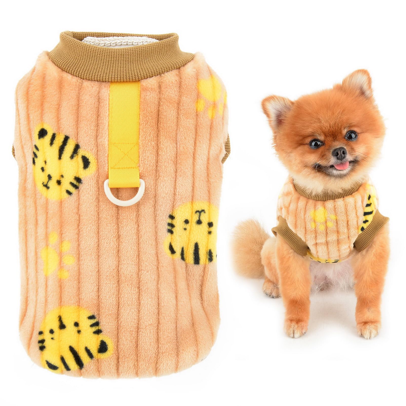 SMALLLEE_LUCKY_STORE Dog Ribbed Fleece Jumpers for Small Dogs Cat, Pet Pullover Sweatshirt with Tiger Print and D-ring, Puppy Vest Yorkie Chihuahua Warm Sweater Winter Fall Clothes, Brown, S