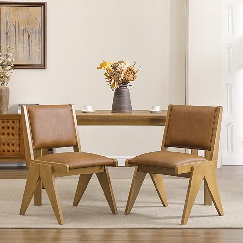 Miniatura 3 de VESCASA Sillas de comedor tapizadas con patas de madera marrón claro, de piel sintética, modernas de mediados de siglo, acolchadas de poliuretano