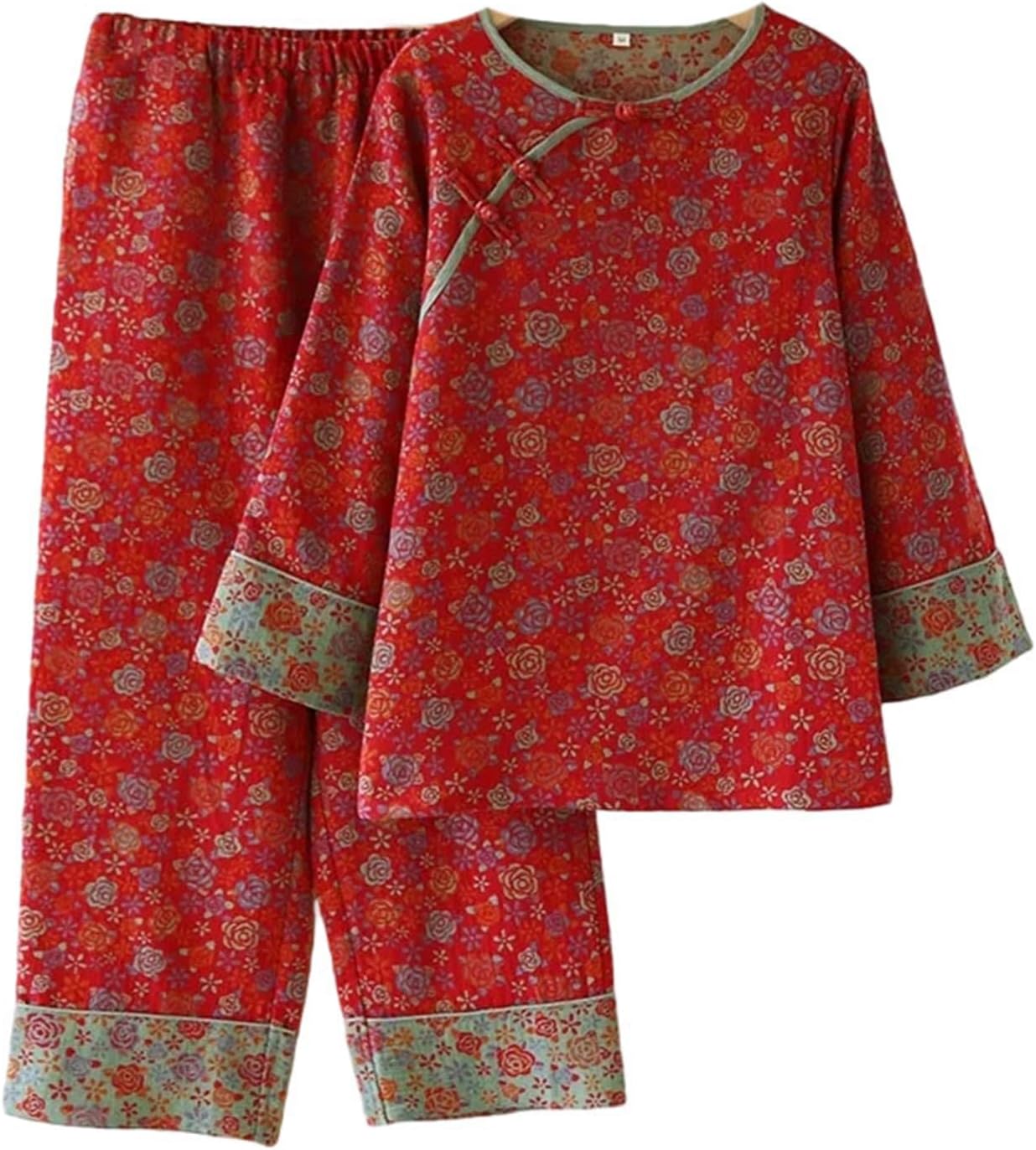 National Style Cotton Pajamas Set Women's Buckle Retro Style Loose Breathable Round Neck Loungewear