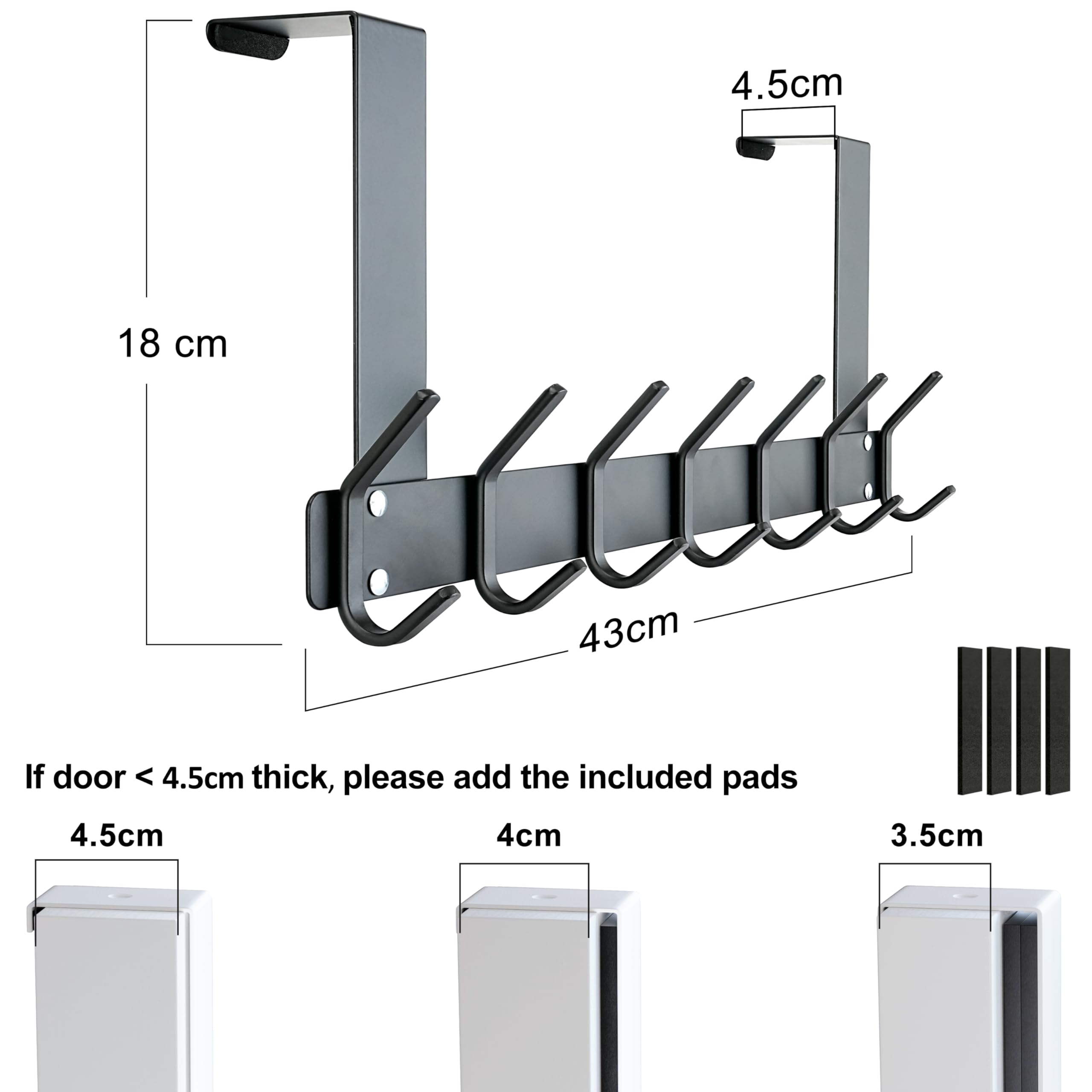 HONSKY Foldable Over Door Hook,Over The Door Hanger/Towel Rack,7 Double Iron Hooks for Entry & Room Door,Hanging Coat,Towel,Black (2 Pack - Image 3