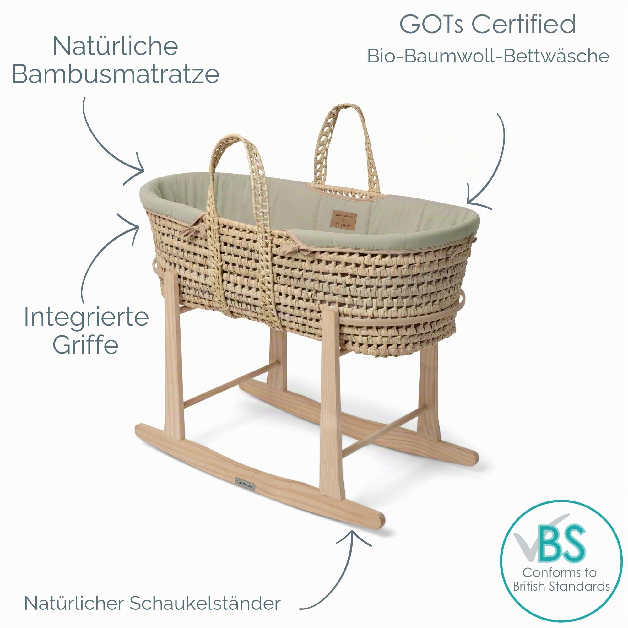 Clair de Lune Bio-Palme Moseskorb mit natürlichem Schaukelständer, preisgekrönter Baby-Stubenwagen 75 x 28 cm (Salbeigrün)
